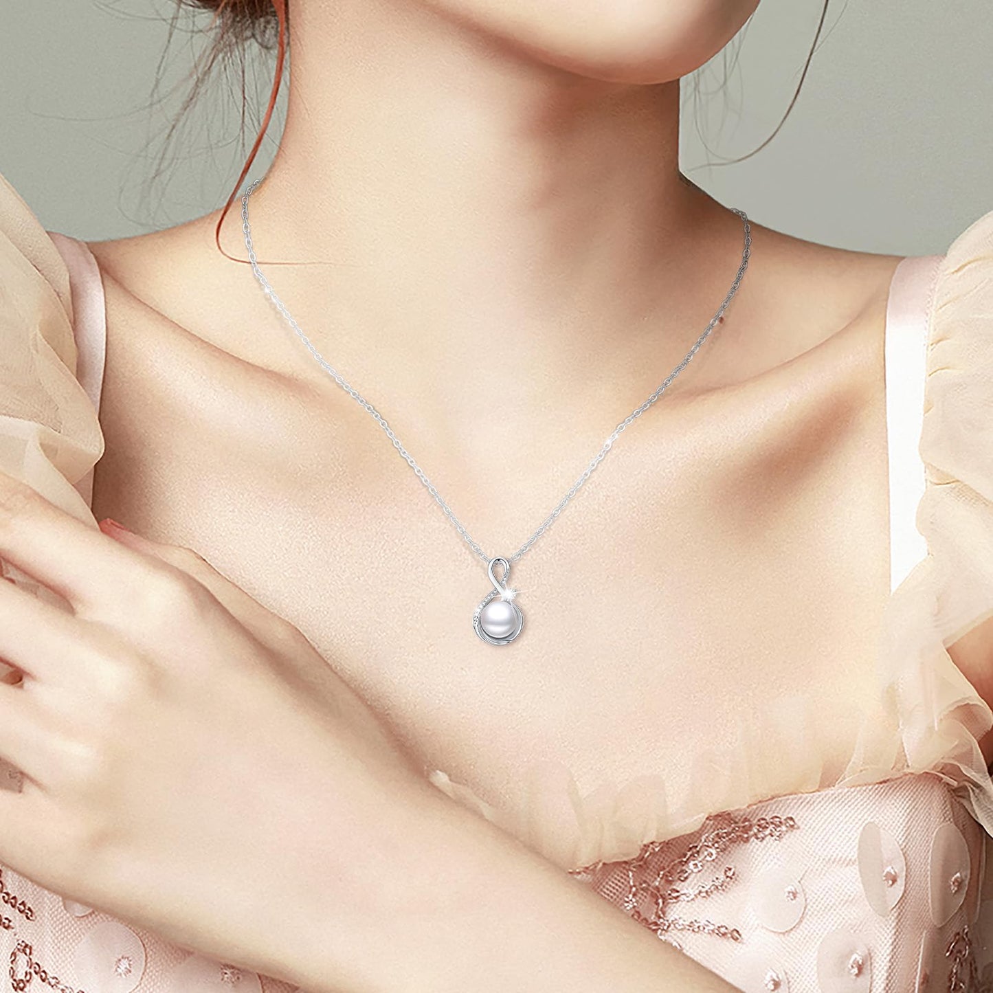 11 mm Infinity Pearl Necklace 925 Sterling Silver Jewelry 5A Cubic Zirconia Pendant Necklace Gifts for Mom Women Girlfriend Grandma Lover Her Wedding Birthday Anniversary Engagement Valentine's Day