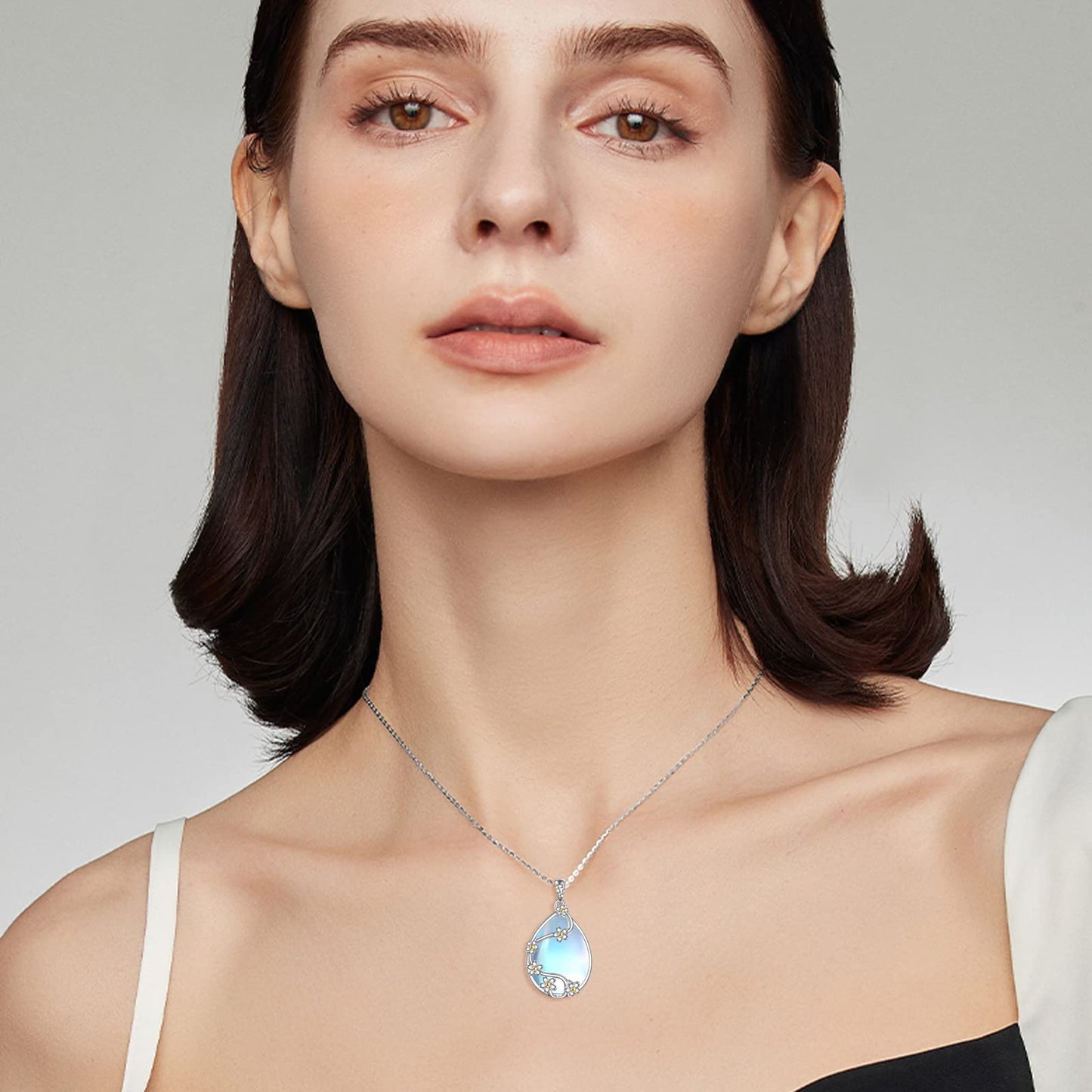 YAFEINI 925 Sterling Silver Moonstone Necklace Filigree Teardrop Flower Pendant Necklace Jewelry for Women (H-Moonstone flower necklace)
