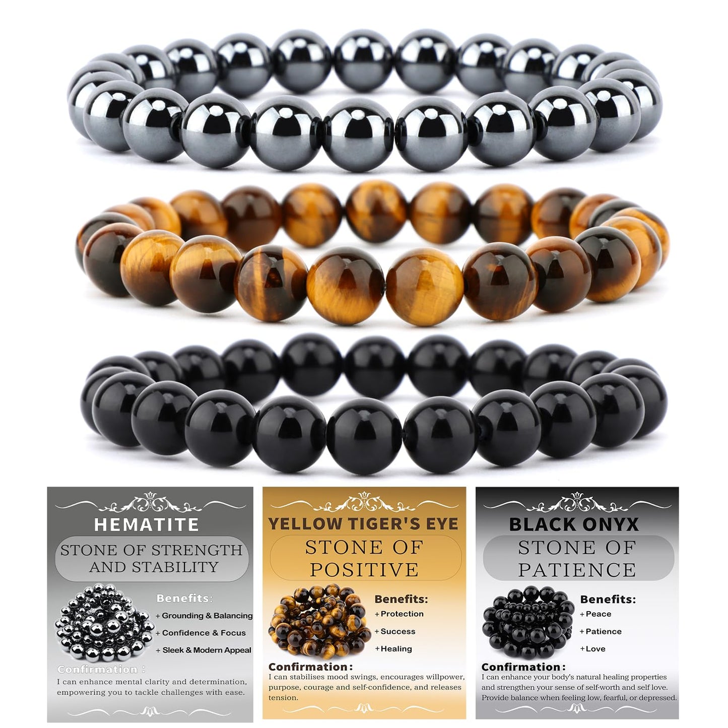 NCB 3-Piece 8mm Natural Crystal Gemstone Stretch Bracelets – ﻿Black Onyx, Hematite, Yellow Tiger's Eye Handmade Reiki Energy Healing Jewelry for Meditation,Yoga, Unisex