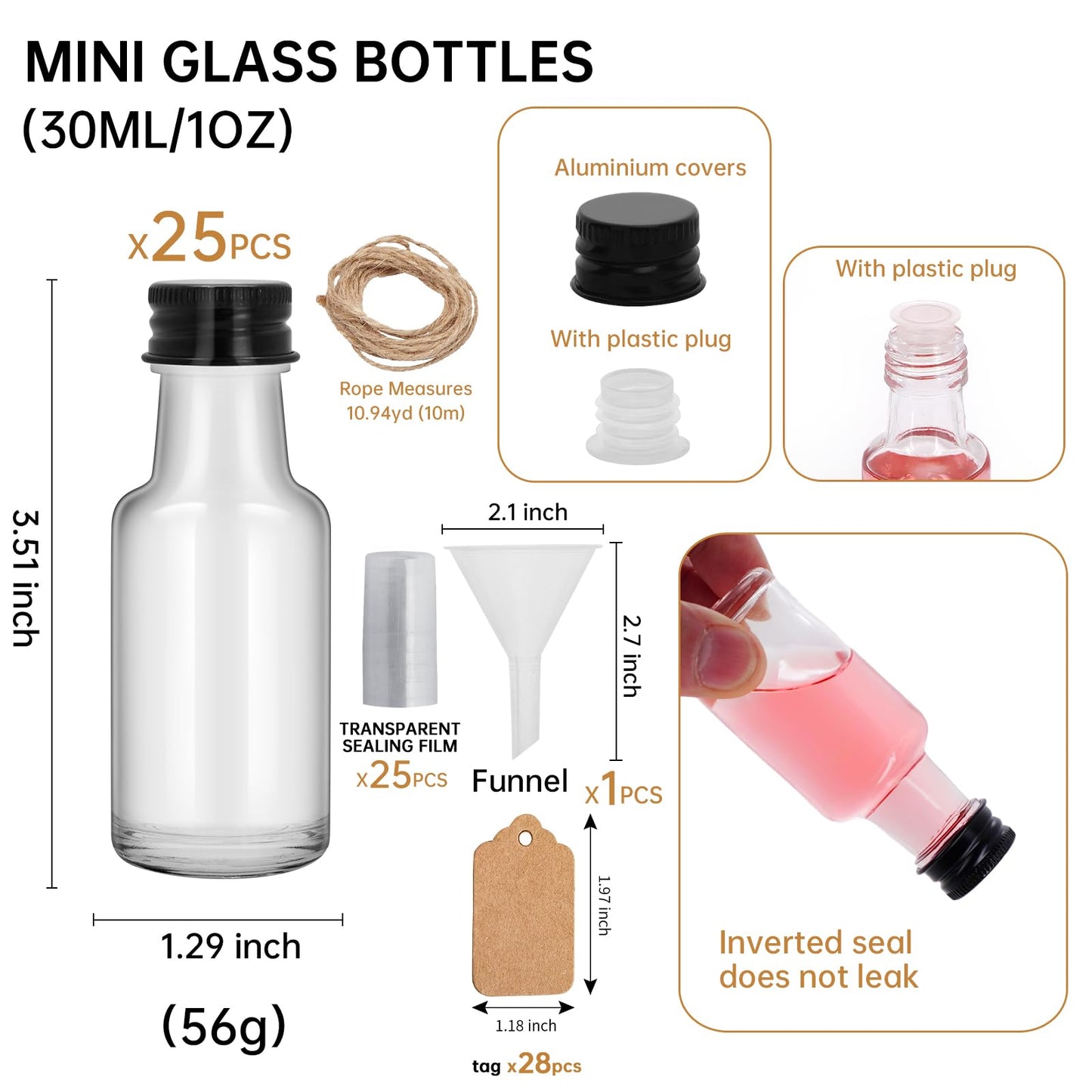 eispap 25Pcs 1oz Mini Glass Liquor Bottles with Lids Small Glass Wine Bottles Reusable Empty Alcohol Bottle with Aluminum Black Screw Cap for Christmas Birthday Weddings Party Favors 30 ml (25)
