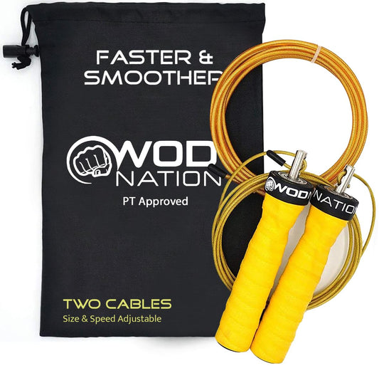 WOD Nation Alloy Steel Jump Rope - Two-Cable Adjustable Design for Weighted Rope - Compact Travel Bag for Gym Accessories - Ergonomic Handles for Exercise Fitness - Yellow, 11 ft