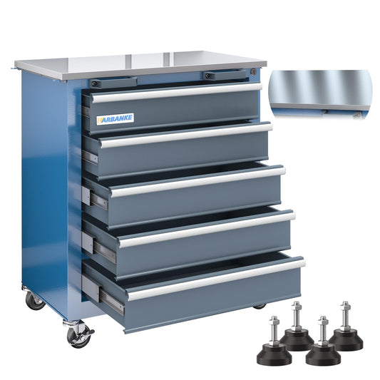LARBANKE 5-Drawer Rolling Tool Chest,Tool Chest with Keyed Locking System, with Wheels and Foot Pads,Rolling Tool Cabinet with Stainless CounterTop and Drawer Liners,Unique Link Buckle for Connecting