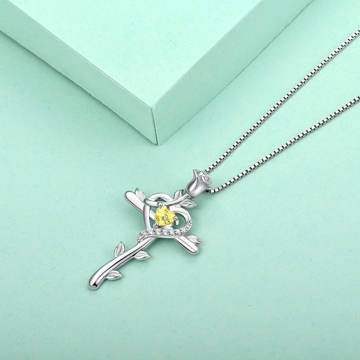 STARCHENIE Rose Cross Necklace 925 Sterling Silver Heart Crucifix Pendant Created Topaz Jewelry for Women