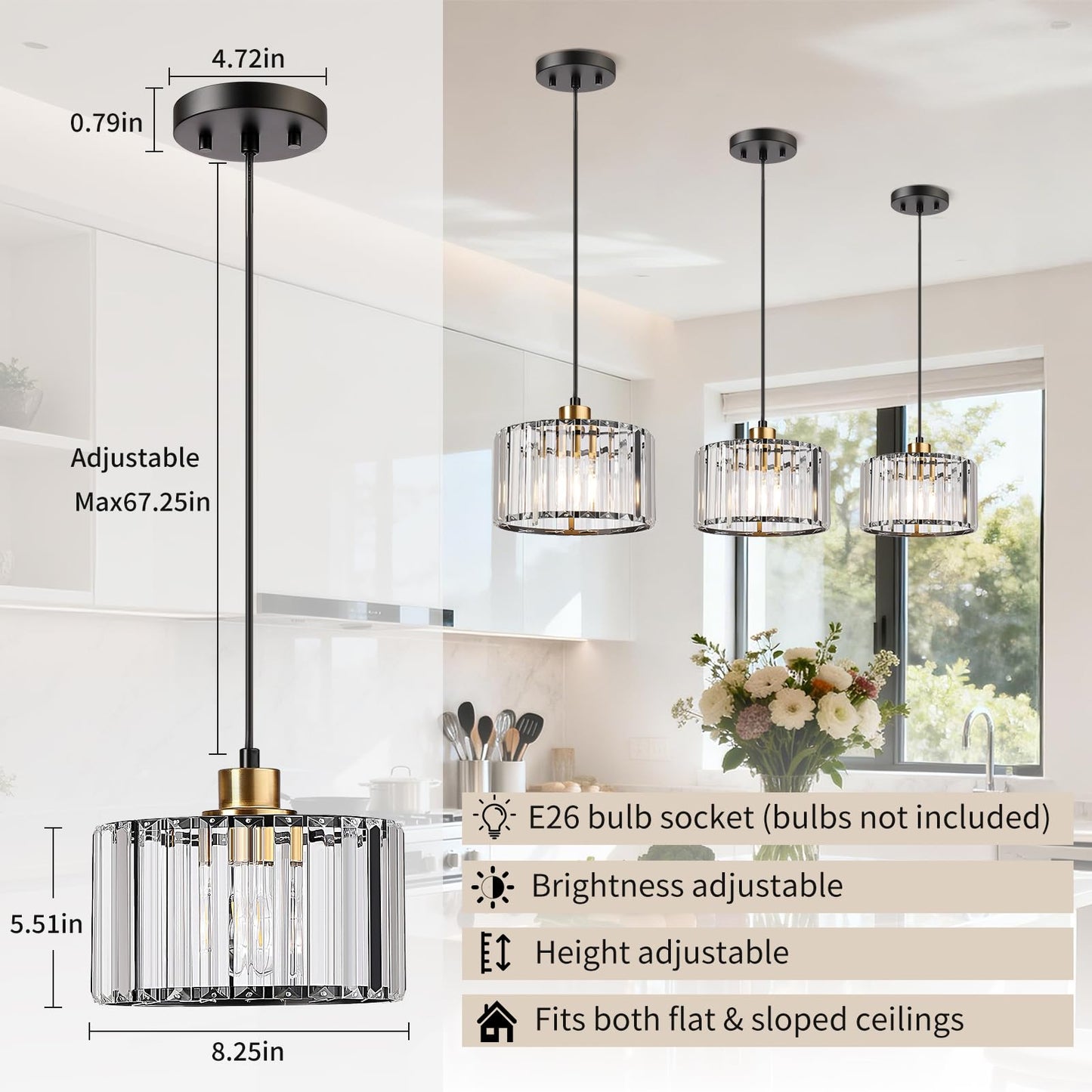 TALOYA Pendant Lights Kitchen Island Black and Gold, Crystal Pendant Light Modern for Dining Room, Height Adjustable Chandelier Hanging Island Light Fixtures for Kitchen Hallway(Bulb Not Included)
