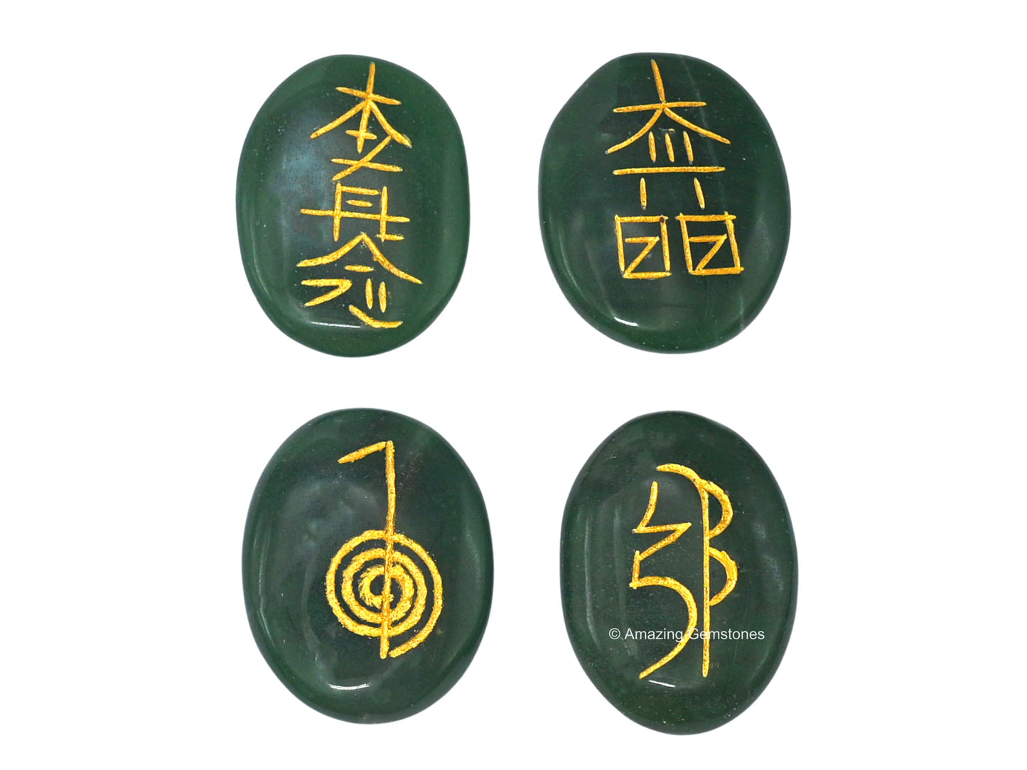 Amazing Gemstone Green Aventurine Crystal Reiki Stones with Engraved Symbols for Usui Reiki Healing, Set of 4 Pcs (Indian Handmade Reiki Gift Set)