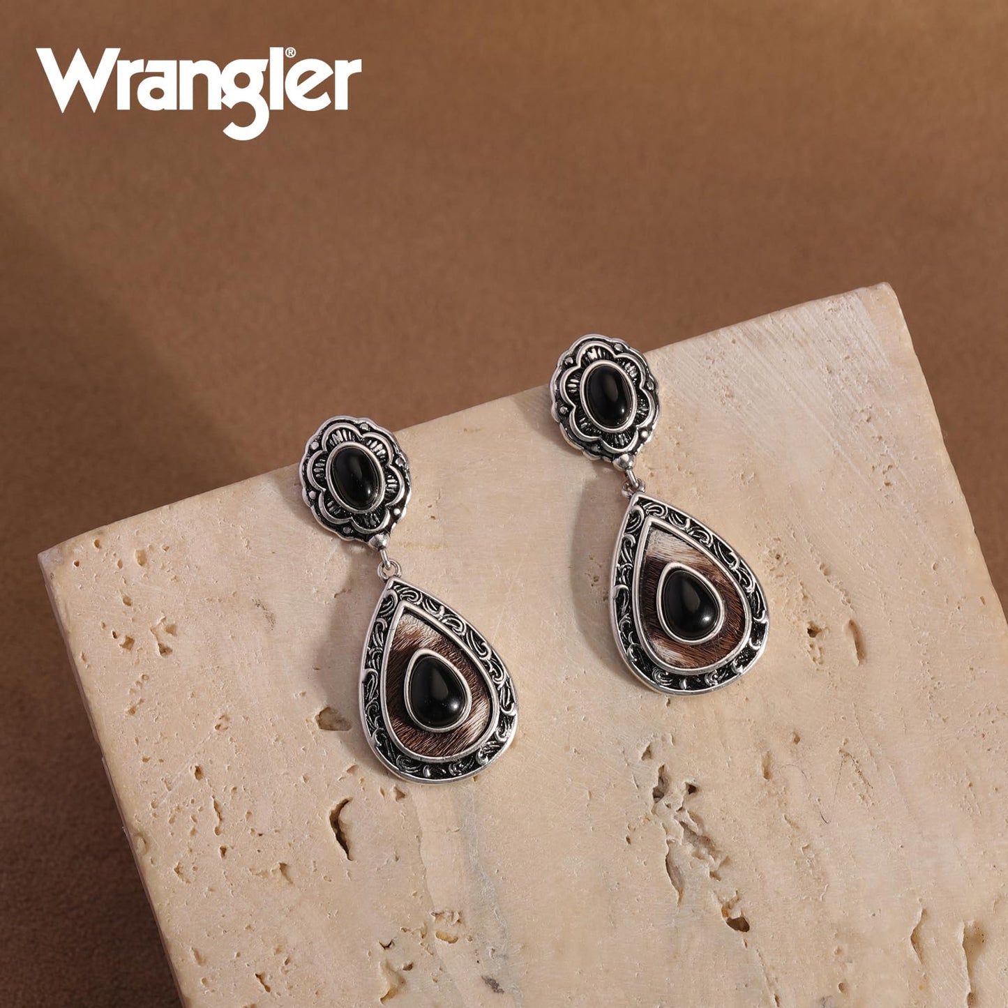 Wrangler Western TearDrop Dangle Earrings for Women Country Statement Genuine Horsehair Turquoise Vintage Cowgirl Cowboy Jewelry (Silver-Black)