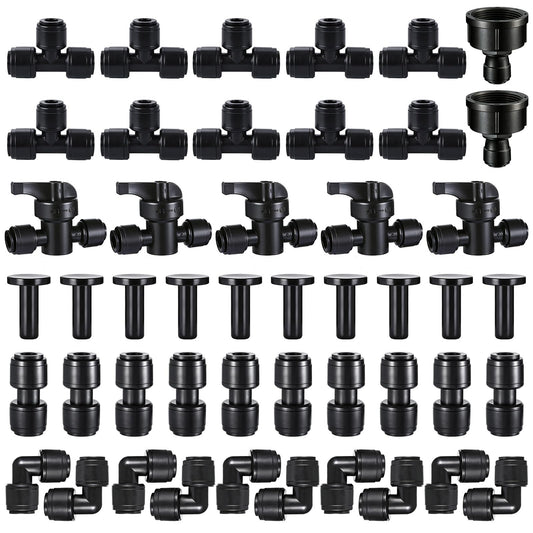 47 Pack Quick Connect 1/4" Drip Irrigation Fittings Kit, 1/4'' Drip Irrigation Tubing Push-to-Fit Connectors Parts- 5 Shut Off Valve, 10 Tees, 10 Couplings, 10 Elbows,10 End Plugs, 2 Faucet Adapters