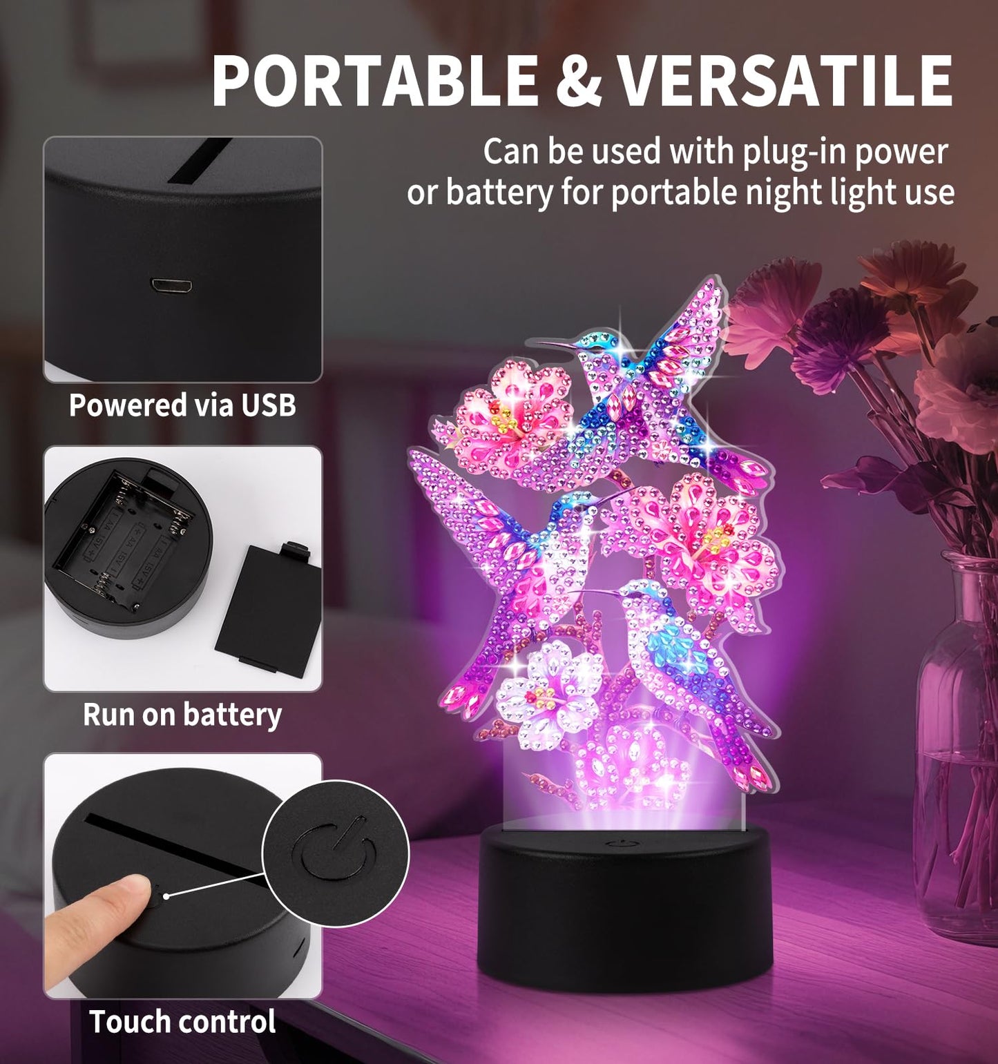 ALKALO Diamond Painting Night Light, Diamond Painting Kits for Adults Desktop Ornaments for Table Diamond Art Accessories for Adult Beginner Touch Lamp for Bedrooms Living Room-Birds