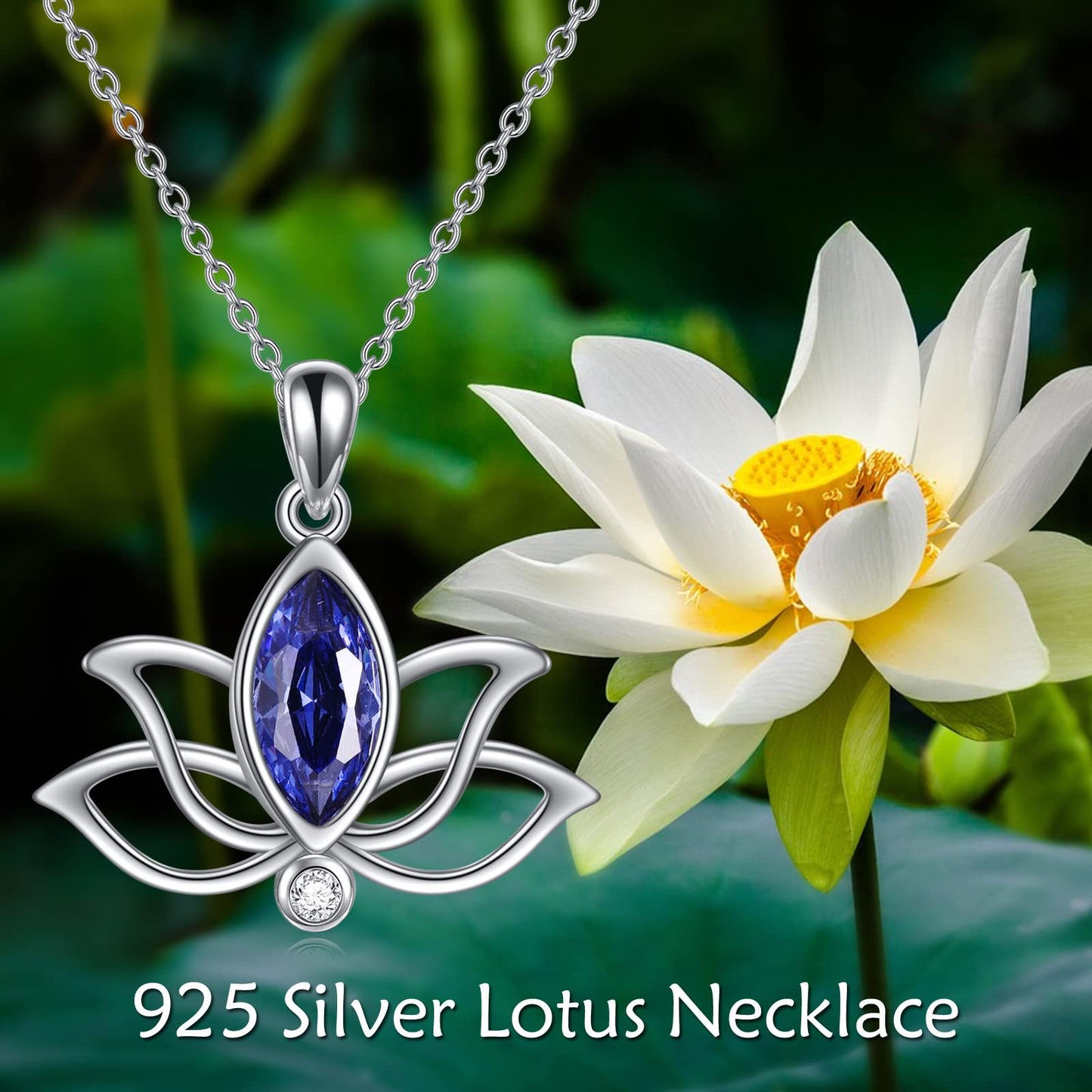 YFN Lotus Necklace Sterling Silver September Birthstone Pendant Created Blue Sapphire Jewelry Gifts for Women (Sep)