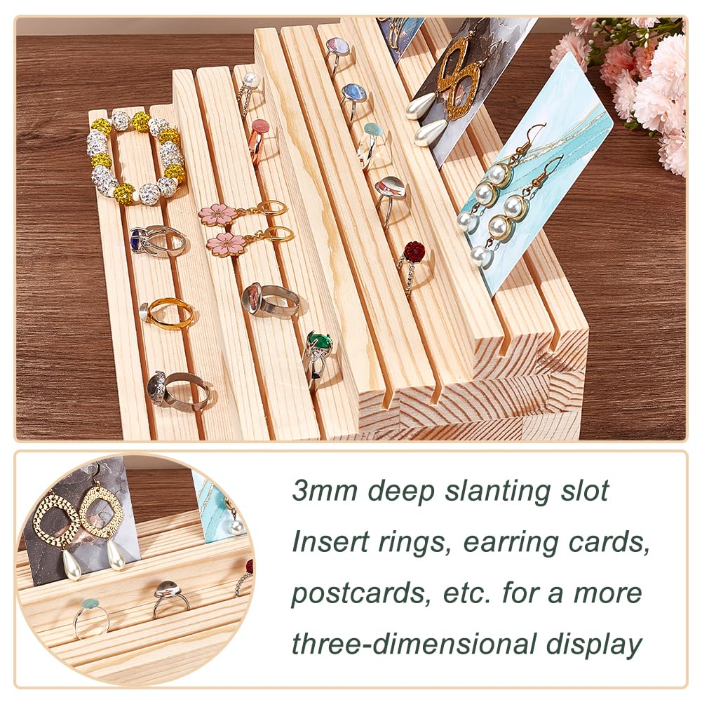 NBEADS 4-Tier Wood Jewelry Display Stand, Wooden Earring Organizer Holder with Grooves Jewelry Showcase Rack for Rings Earring Display Cards Photo Home Decorations
