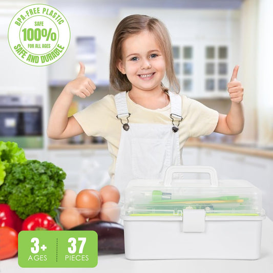 37PCS Kids Cooking Sets Real, Kids Cooking and Baking Gift Set with Storage Case Timer Kid Safe Knives Cutting Board, Toddler Real Kitchen Accessories, Birthday Gifts for Girls & Boys Age 3 - 8