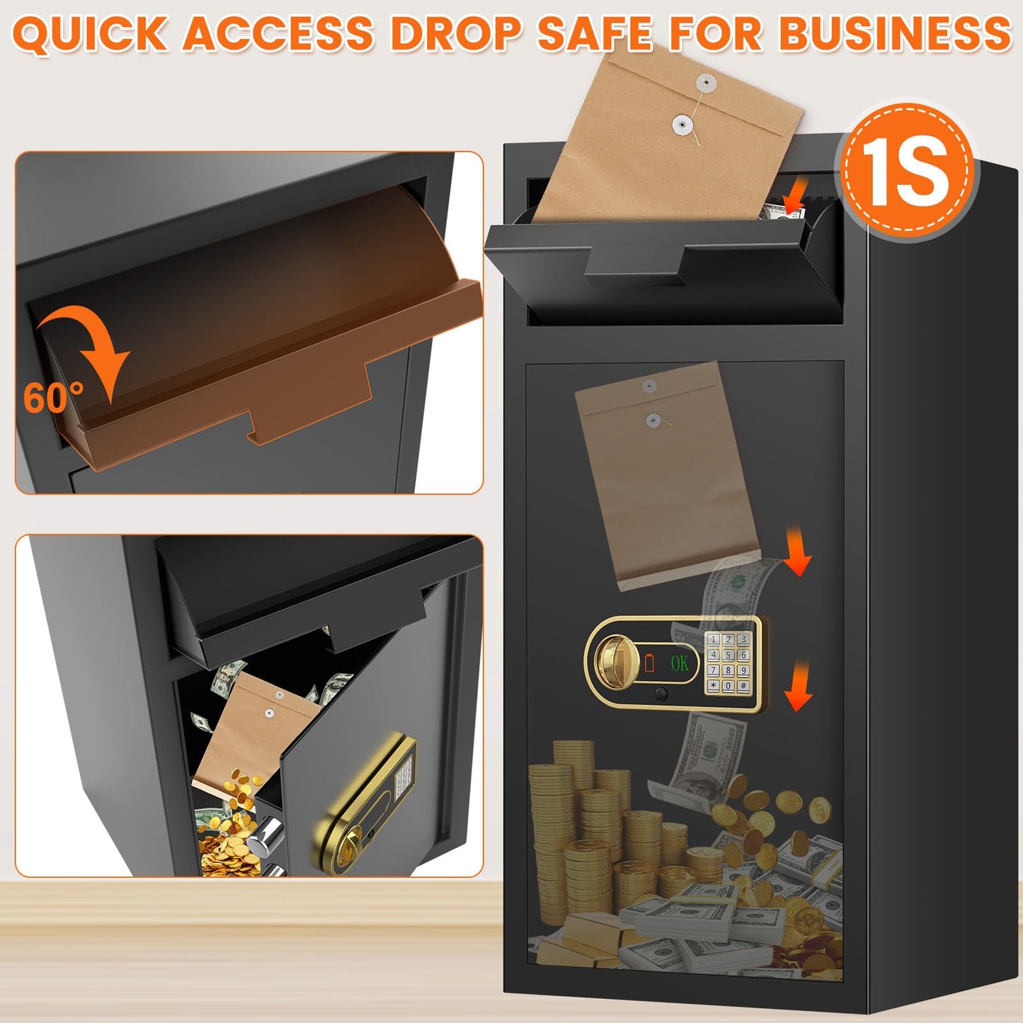 7.5 Cu ft Extra Large Drop Safe Box for Business, Anti-Theft Depository Safe with Drop Slot, Digital Keypad, Spare Key and Removable Shelf, Heavy-duty Commercial Safes for Business Cash Documents Home