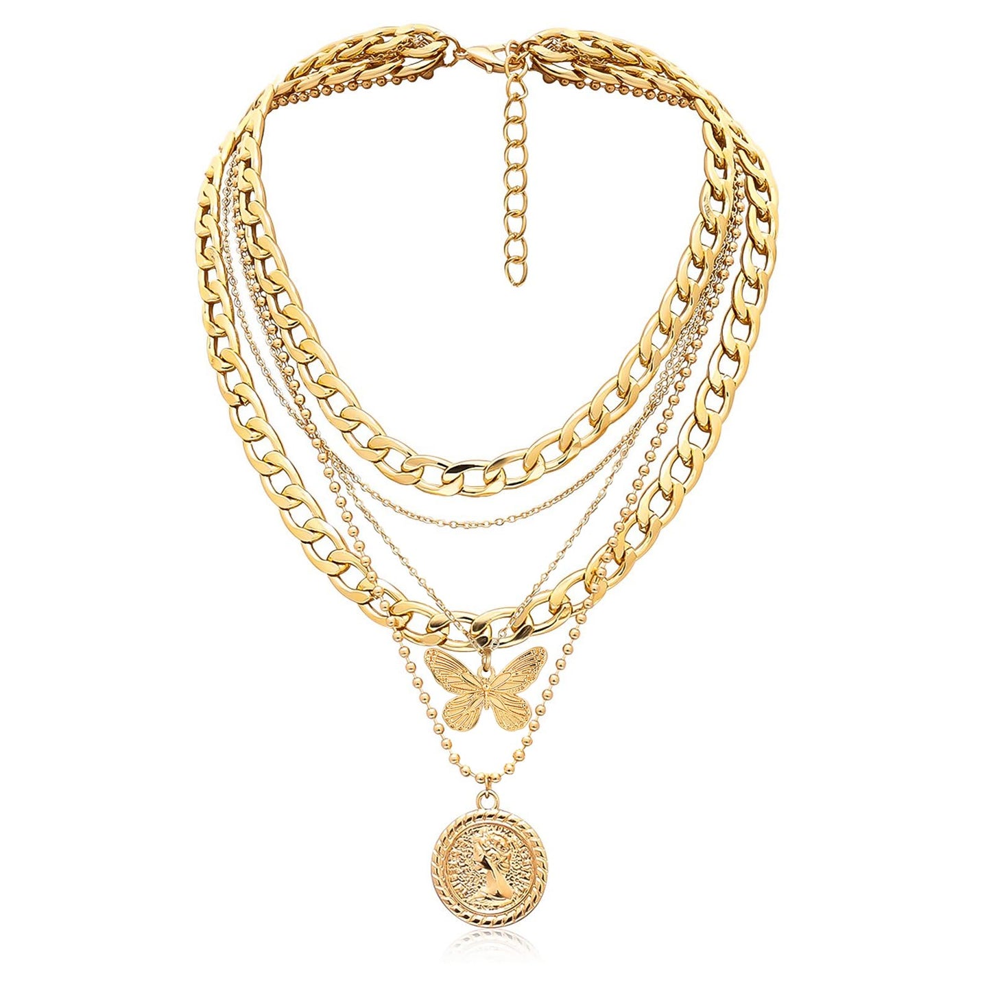 MJartoria Gold Layered Necklaces for Women Trendy Retro Coin Pendant Necklace Dainty Chunky Chain Choker Necklaces for Jewelry Birthday Gifts (Gold, A-X-Butterfly-5 in 1 Layered)