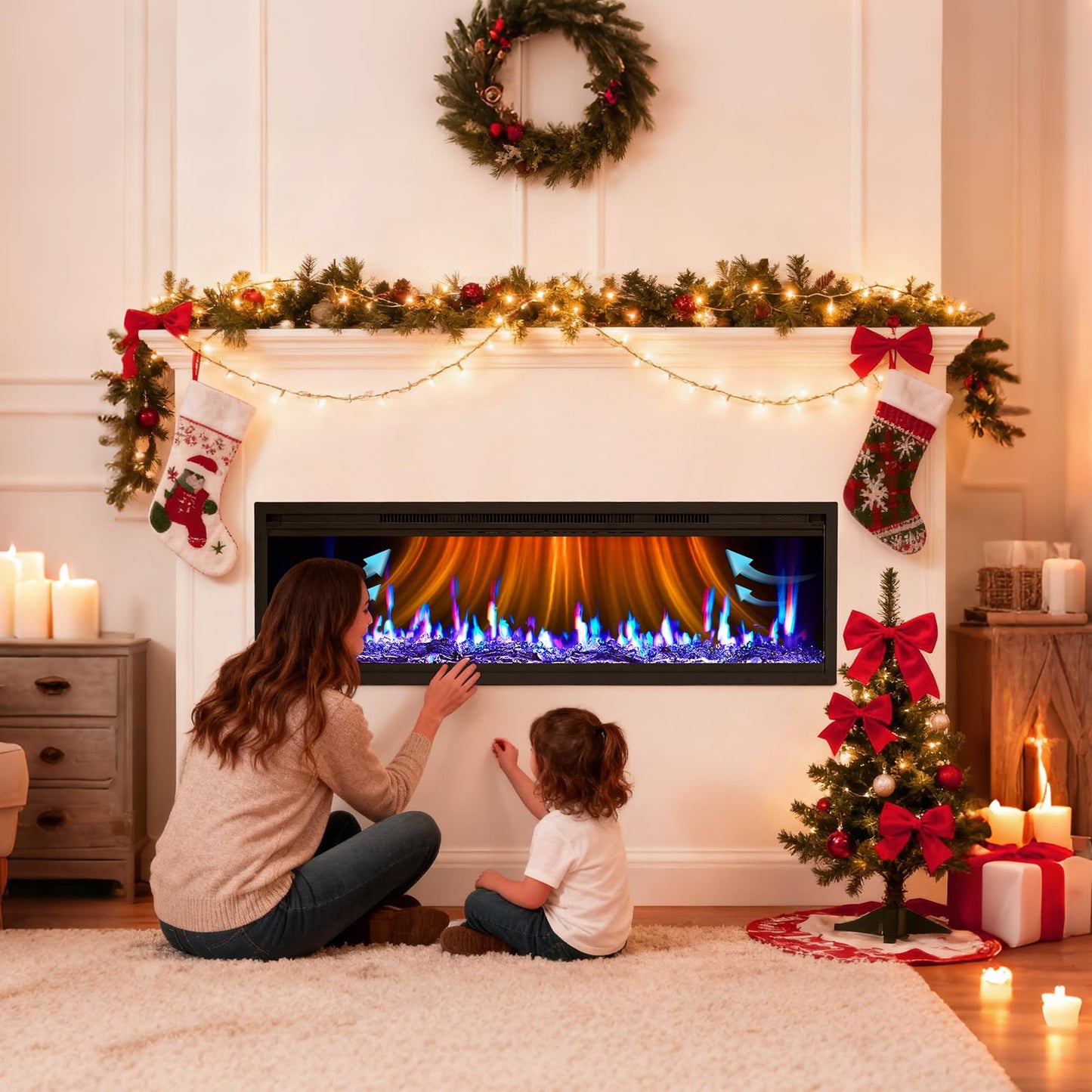 Garvee 50 in Electric Fireplace Inserts, 750/1500W Recessed and Wall Mounted Fireplace Heater with Remote Control, Adjustable Flame Color & Brightness, 9H Timer, Log & Crystal, Black