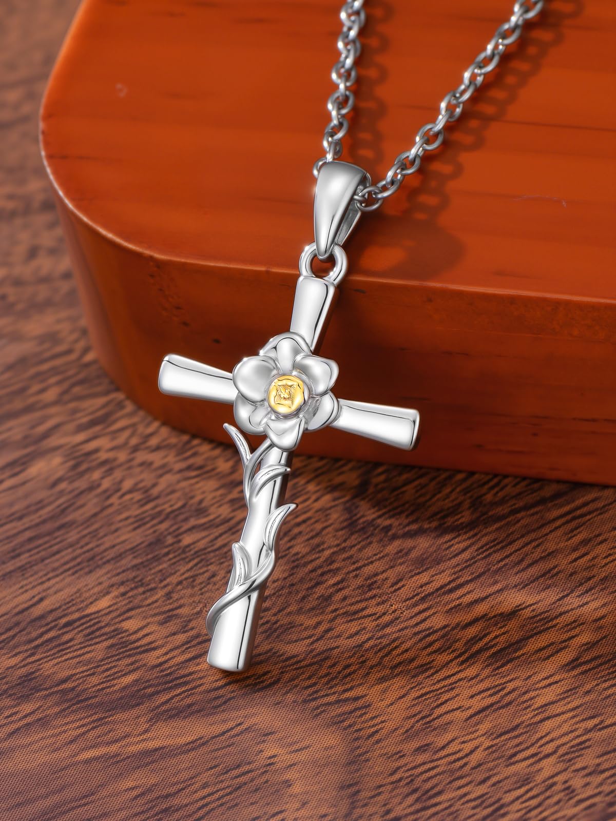 Cargari Daffodil Necklace for Women Sterling Silver Daffodil Cross Pendant Birth Flower Cross Necklace Jewelry Gifts for Women
