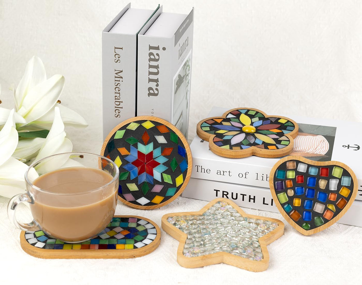 Lanyani 10pcs Wooden Assorted Shapes Mosaic Bases for DIY Mosaic Coaster Kit, with Wooden Surface for Handcrafted Glass Mosaic Tiles Crafts for Adults and Kids
