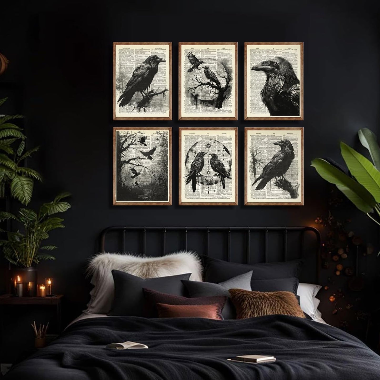6Pcs Black Raven Wall Art Dark Academia Wall Decor Pictures Victorian Gothic Crow Canvas Posters Prints for Living Room Bedroom Decoration Unframed (8x10in)