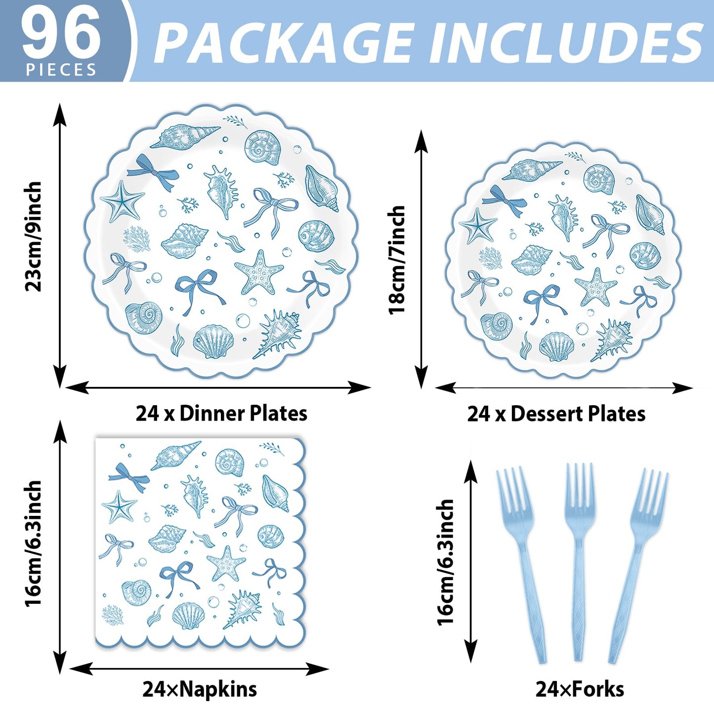 96pcs Scalloped Coastal Party Supplies Tropical Blue Bow Starfish Seashell Plates and Napkins Tableware Set Ocean Theme Party Decorations for Summer Beach Wedding Birthday Bachelorette for 24 Guests