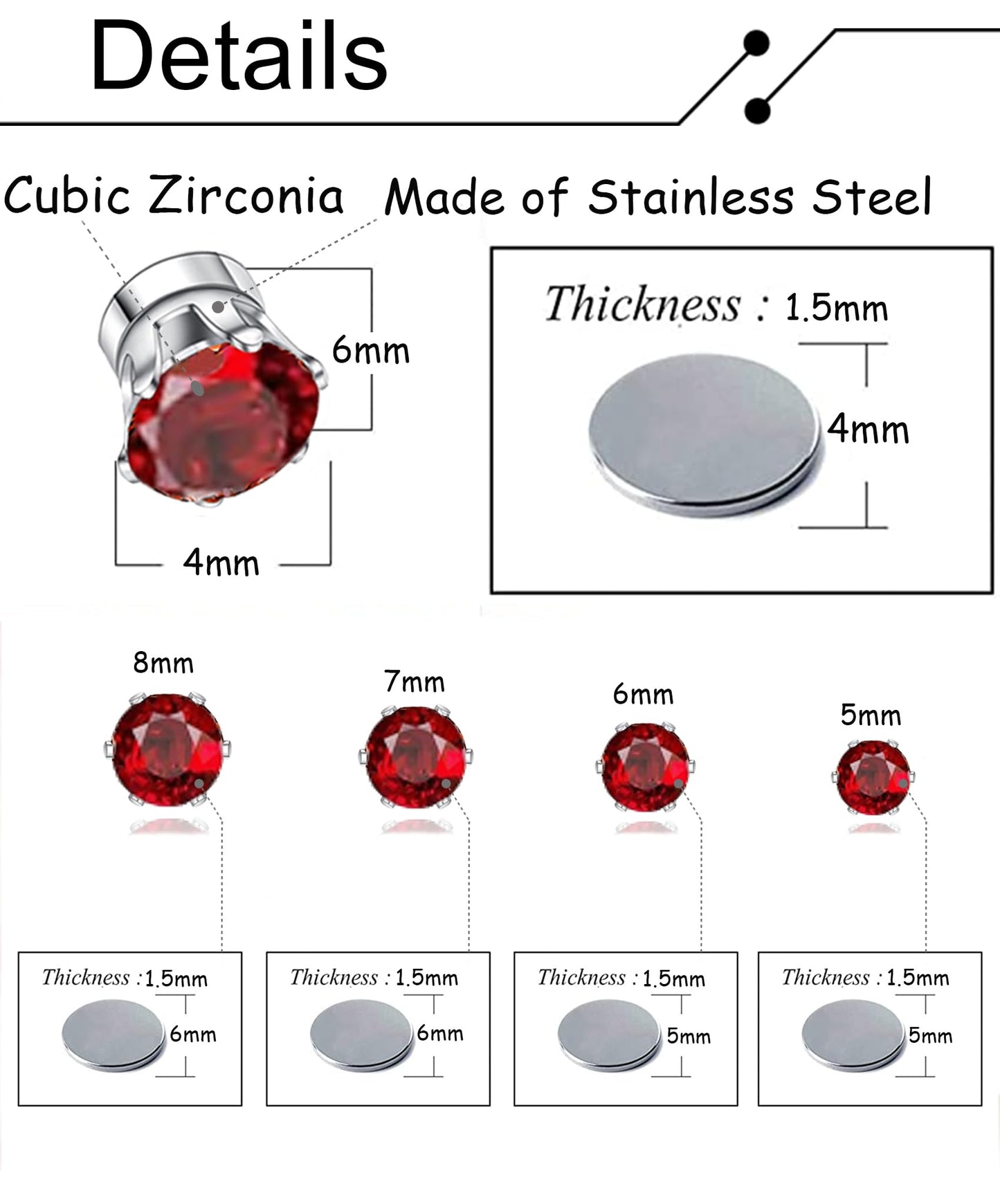 Ofeiyaa 15 Pairs Magnetic Stud Earrings Cubic Zirconia Non-Piercing Earrings Set Clip on Fake Earring Jewelry for Women Men 4-5-6-7-8MM White Black Red Color