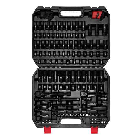 EMENTOL 189-Piece Impact Socket Set, 1/4" & 3/8" Drive Metric and SAE Sizes, CR-V Steel, Includes Deep & Shallow Sockets, Ratchets, Bits, Extensions, Spark Plug Socket & More, with Plastic Tool Case