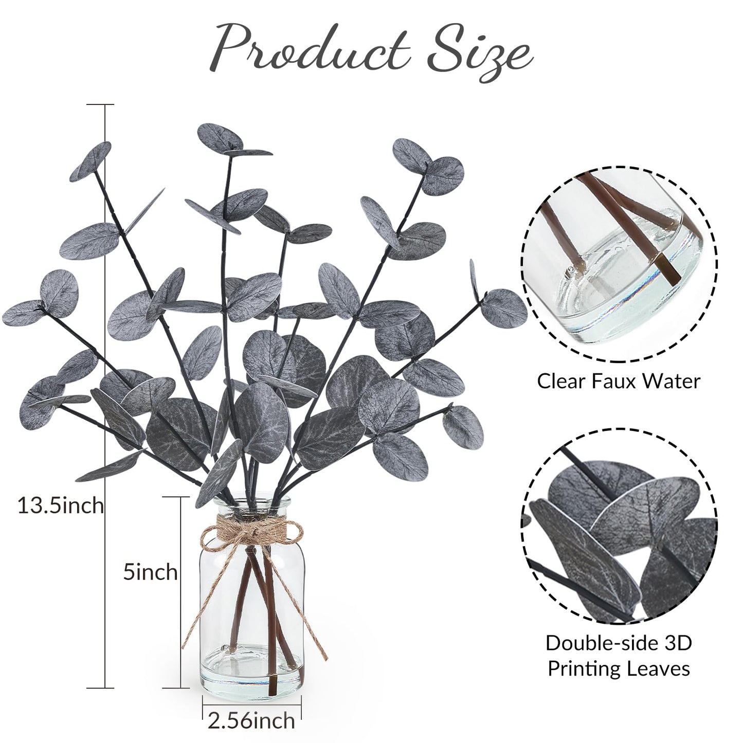 Artificial Eucalyptus Stems in Glass Vase with Faux Water Halloween Decor, 14” Fake Plants for Home Decor Table Centerpieces Office Bathroom Faux Plants Indoor Black Decorations