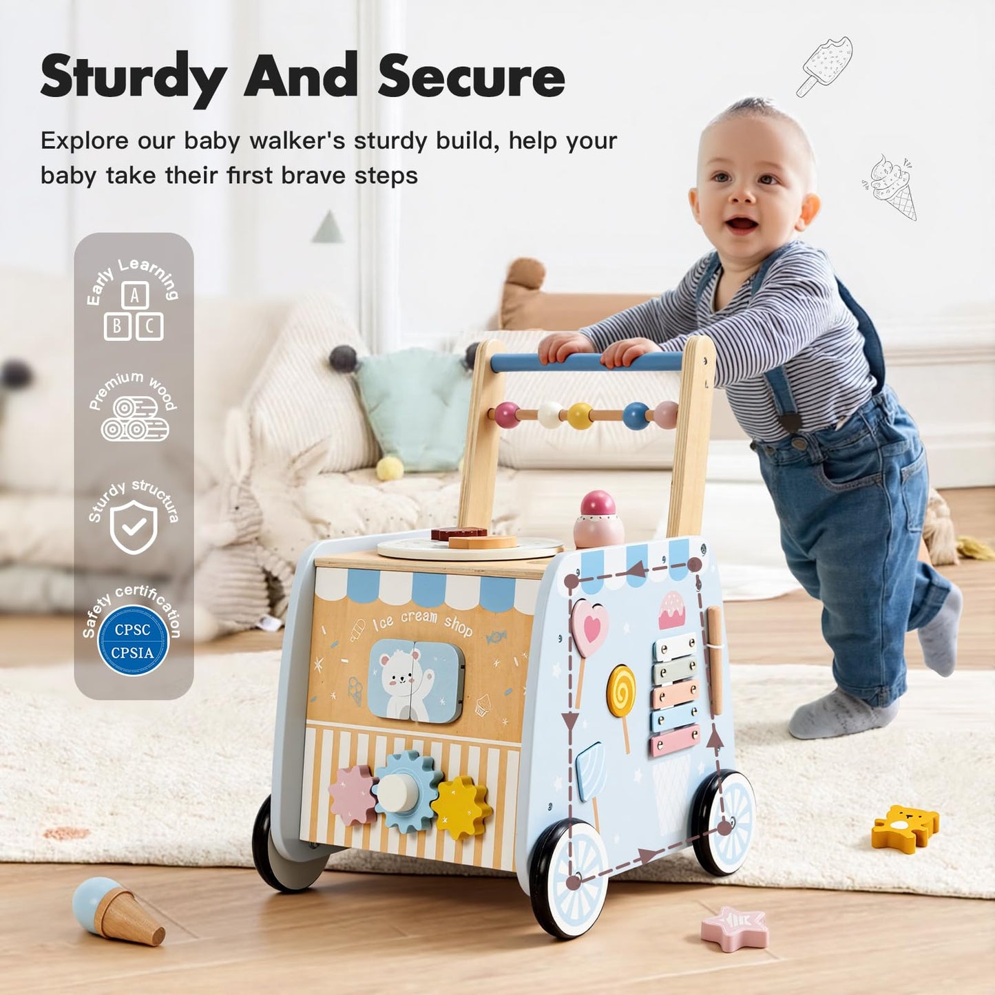 Frogprin Wooden Baby Walker, Multifunctional Ice Cream Cart, Push Walker with Wheels, Montessori Walker Toy with Activity Center, Pretend Playset Ideal for Toddlers, Boys and Girls Ages 12M+