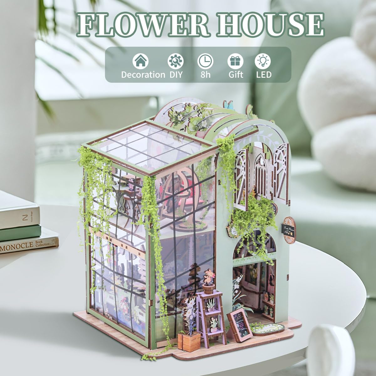 Miniature Flower House Kit - Bookshelf Decor 3D Wooden Puzzle, DIY Flower Dollhouse Booknook Making Kits with Furniture for Adults and Teenagers