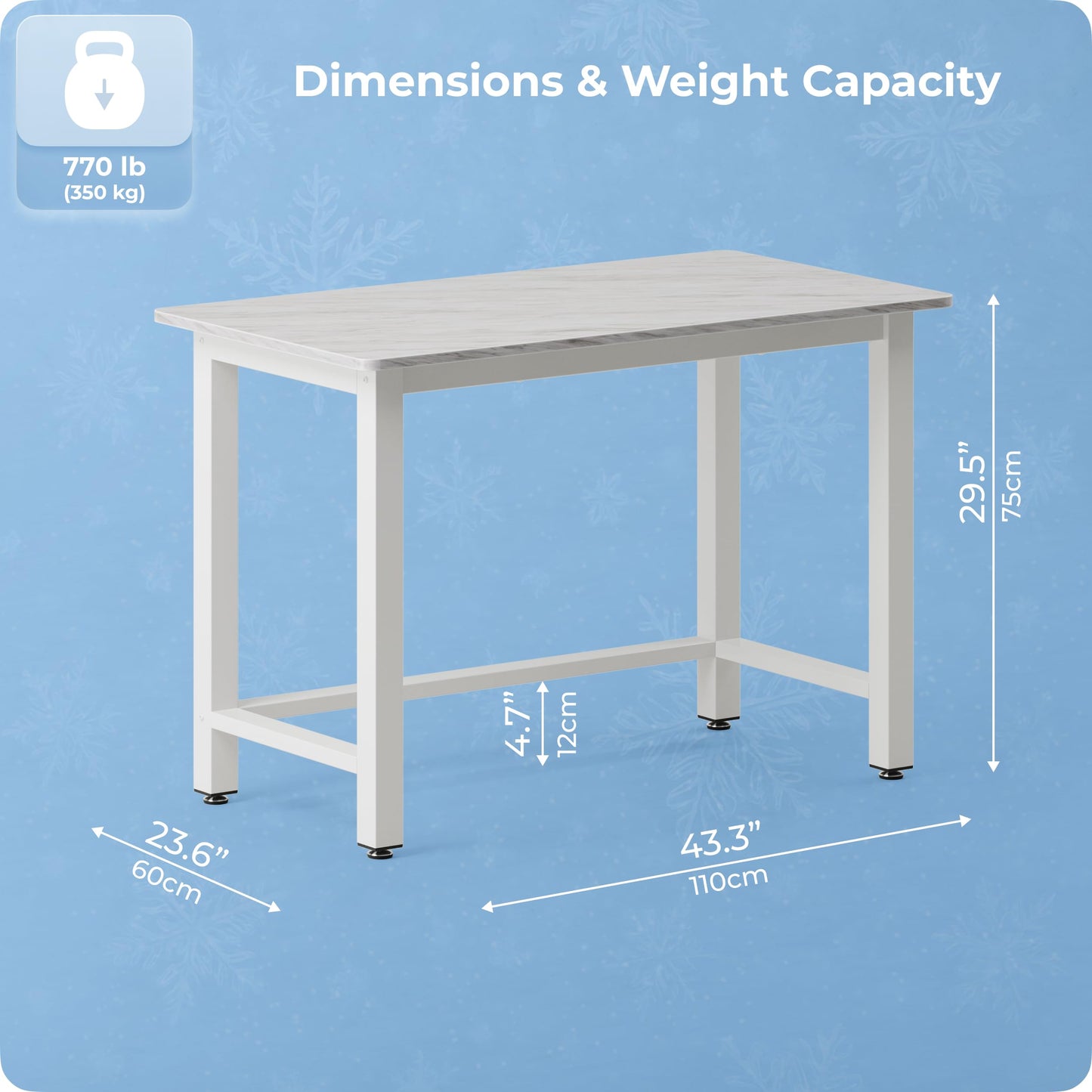 Fday 43" Home Office Desk Modern Computer Desk 43.3x23.6x29.5 inches PC Table with Thicken Frame Industrial Style Sturdy Metal Frame Furniture for Writing Gaming Marble White+White