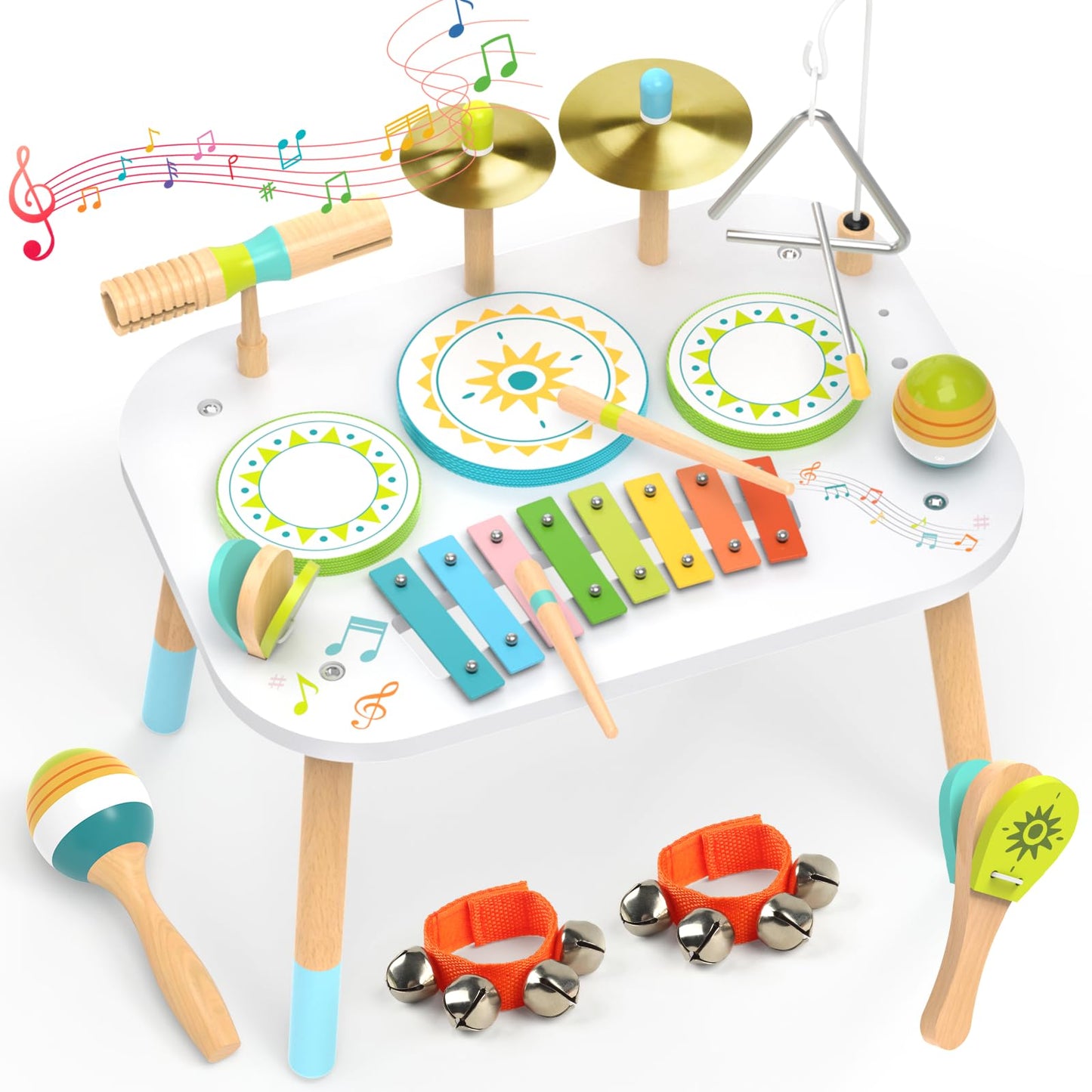 12-in-1 Drum Set for Toddlers 1-3,Baby Musical Instruments Table ,Wooden Montessori Toys with Xylophone,Bongo Drums,Cymbals,Maracas & Wrist Bells,Birthday Gift for 1 2 3 Year Old Boy Girls