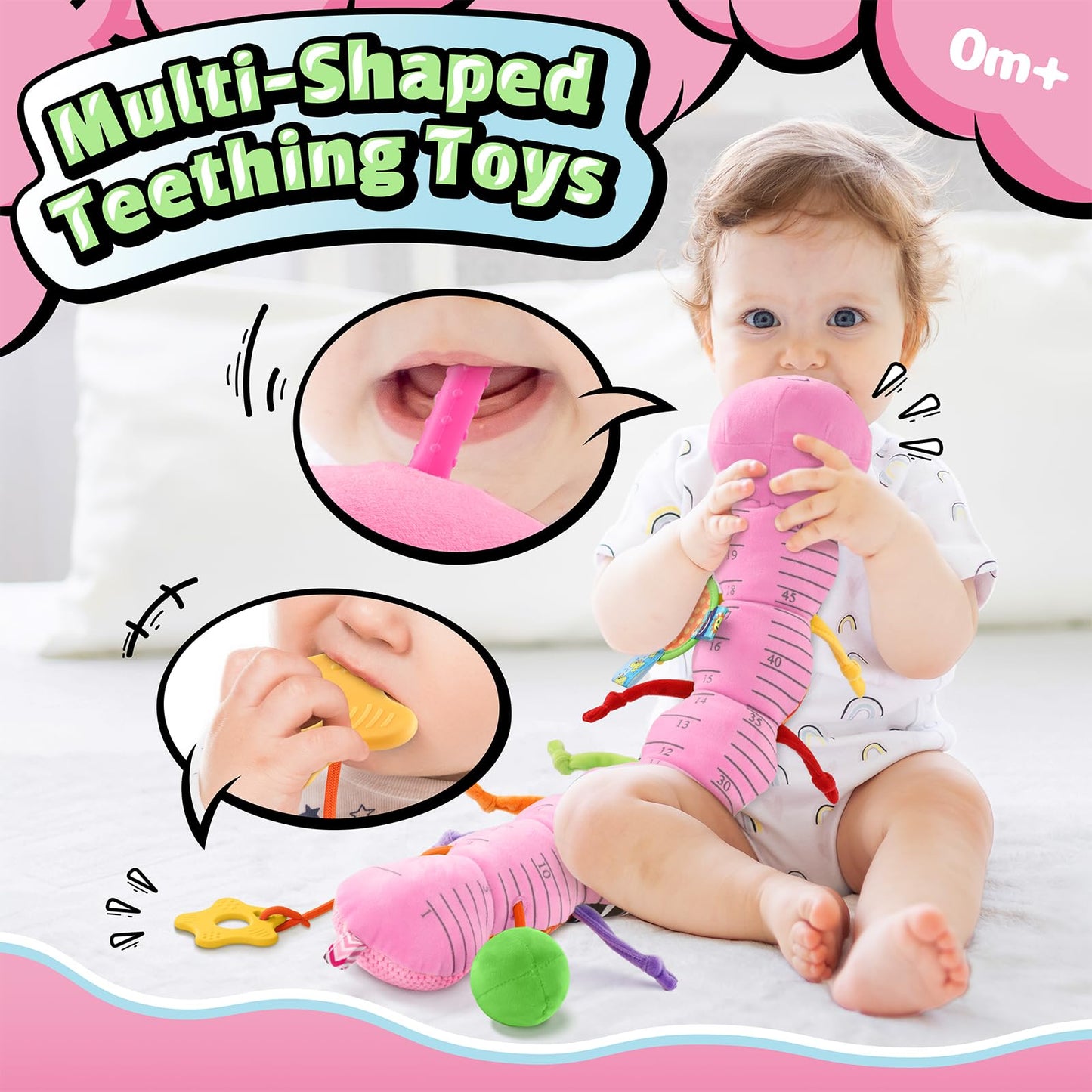 LIGHTDESIRE Baby Toys Musical Caterpillar,Infant Toys 3 6 12 Months Sensory Toy with Ruler Design,Mirror,Pull String,Crinkle&Ring Bell,Baby Teething Toy for Tummy Time Boy Girl Gifts (Rose Pink)