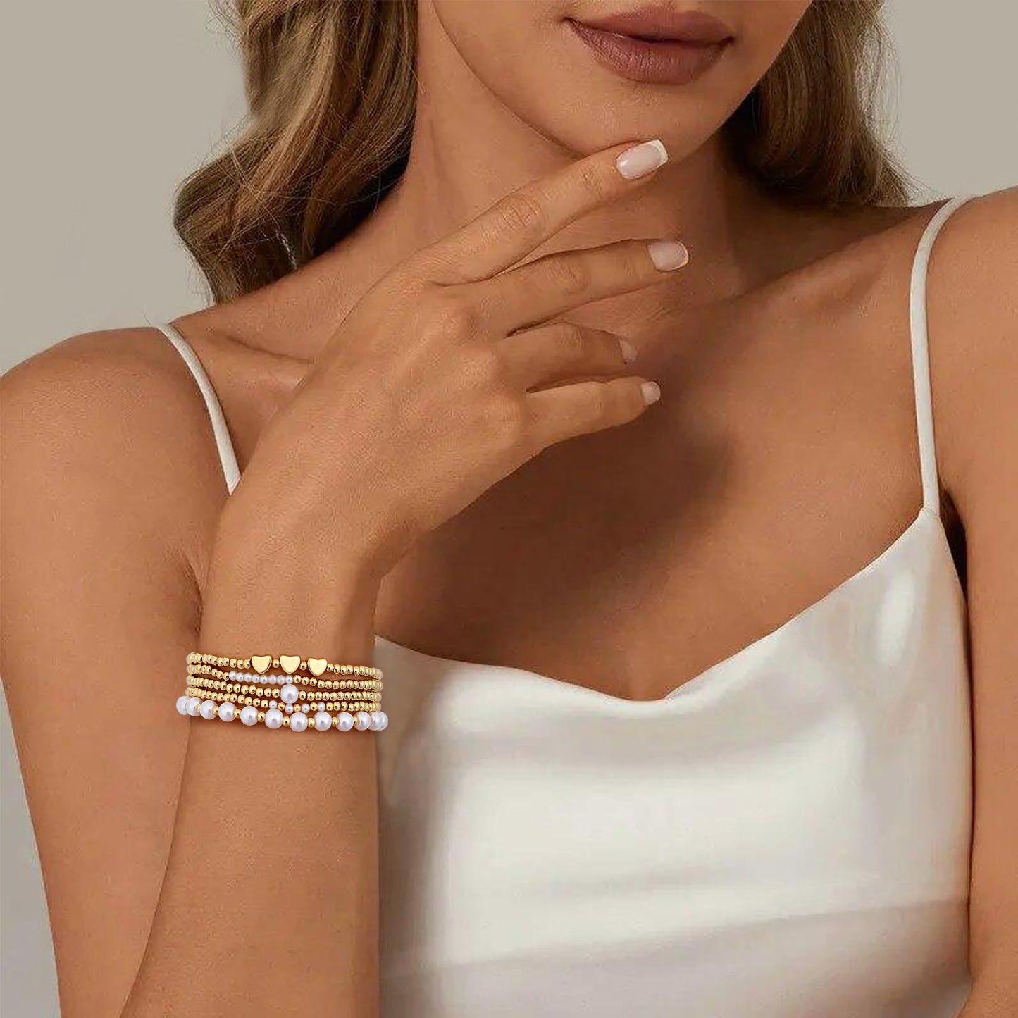 Sajidos Gold Plated Beaded Bracelets for Women Trendy, 14K Gold Plated Stack Cross Pearl Gold Plated Bead Stretch Bracelets Set Elastic Hypoallergenic Bracelets Jewelry Gifts (style11-heart)