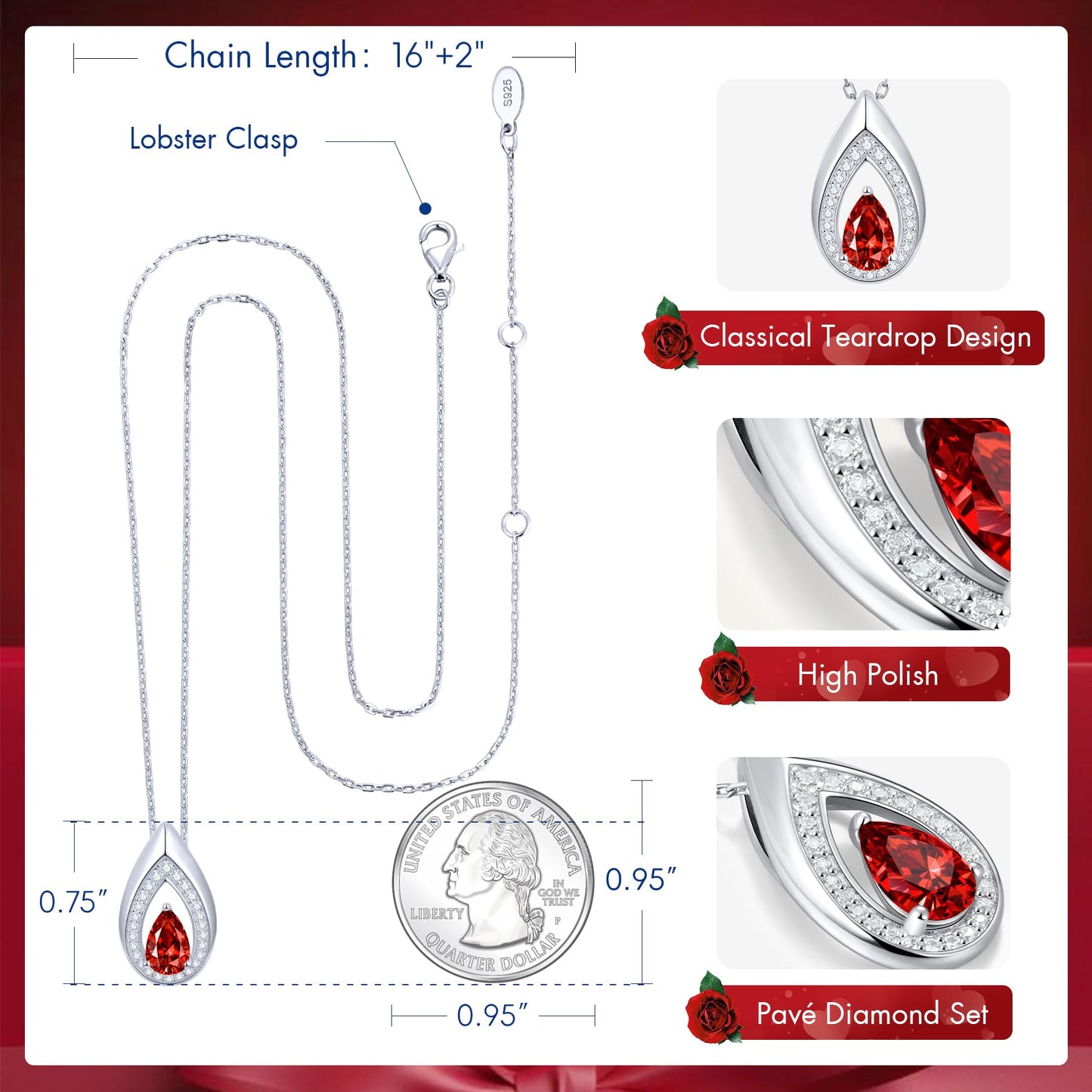 Kstyle 925 Sterling Silver Garnet January Birthstone Pendant Necklace Teardrop Jewelry Valentine's Day Anniversary Birthday Gift for Wife Girlfriend Mom Sister Non Tarnish