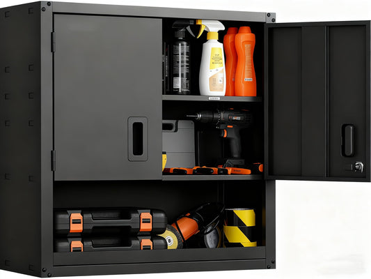 GarveeTech Garage Wall Cabinet with Adjustable Shelf, Heavy Duty Steel Garage Locker with Lockable Magnetic Doors, Wall Mounted Tool Cabinet for Warehouse Home Office Kitchen, Easy Assembly, Black