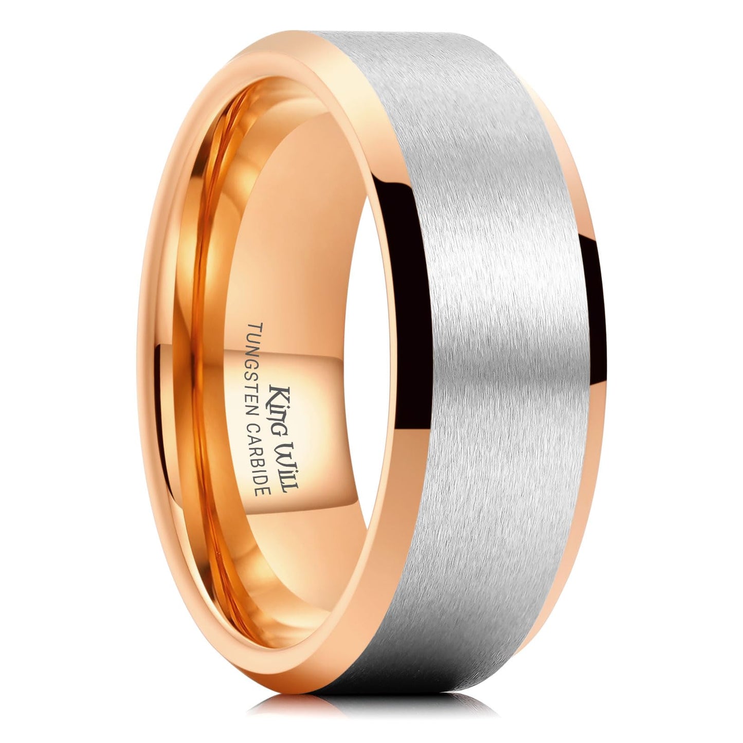 King Will 8mm Classic Tungsten Rings for Men Two-Tone Mens Wedding Bands Simple Engagement Promise Ring Matte Brushed Beveled Edges Comfit Fit Durable, Silver & Rose Gold Plated Size 9