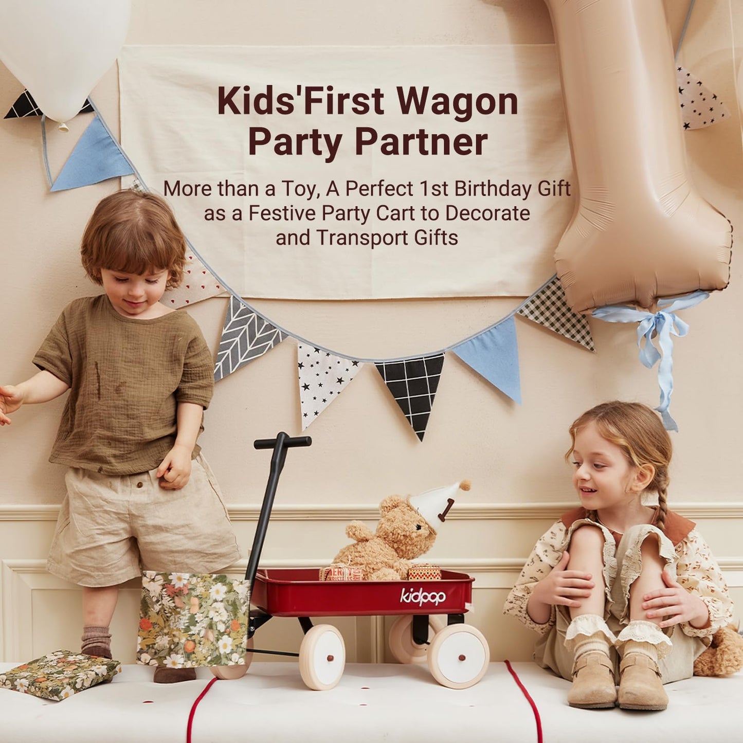 Kidpop Pula-Mini First Wagon for Toddlers, 4-Wheel Baby Pull Toy Cart for Kids Ages 1-3, Indoor & Outdoor Push Walker Toy, Ideal 1 Year Old Birthday Gifts (Grey)