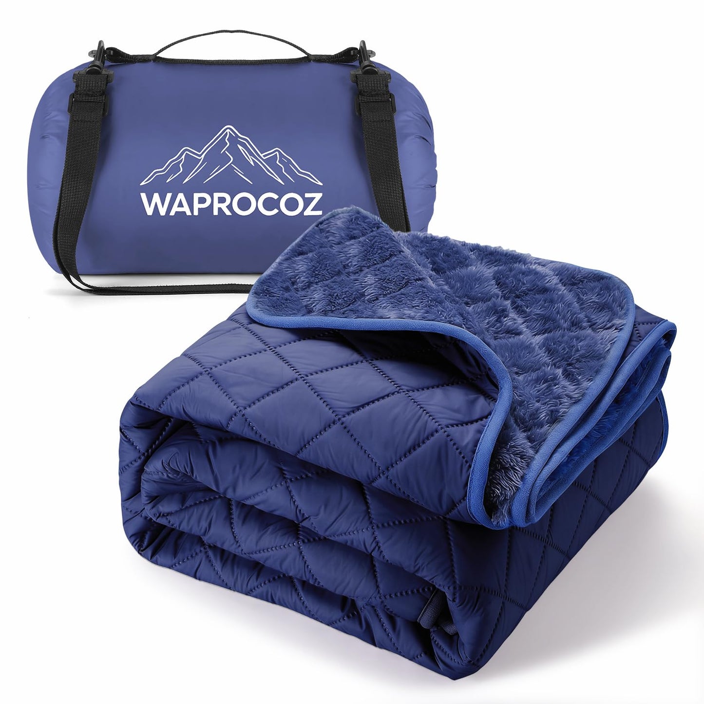 WAPROCOZ Waterproof Camping Blanket - Cozy Coral Fleece Lining, Triple Layers Warm Comfy Foldable for Camping Stadium, Beach, Picnic, Grass, Concerts, Car, Dog, 51''X 70'' Navy Blue