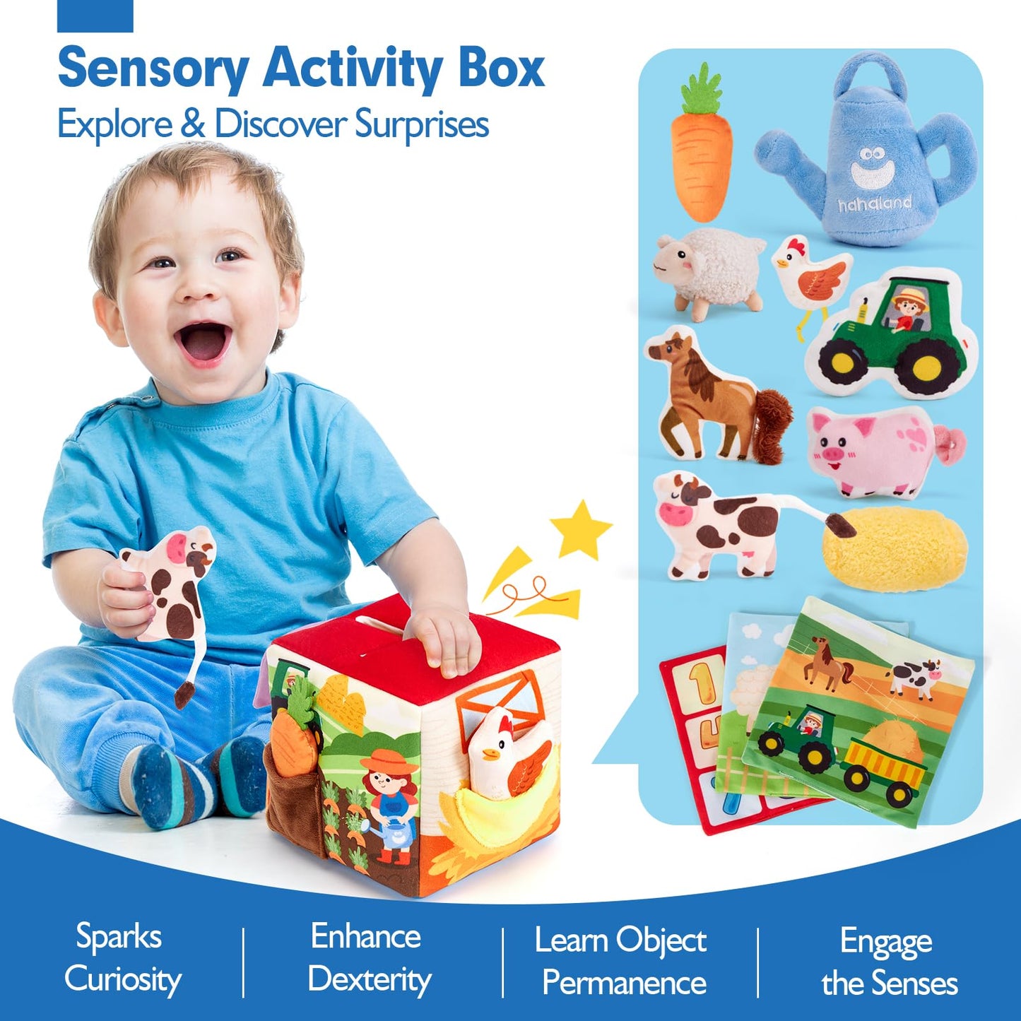 hahaland Baby Toys 6-12 Months - Mystery Soft Box with 12 Sensory Farm Animals Plush, Whats Inside Box with Rattle, Crinkle, Squeaker, Mirror, Montessori Toys for 6 Month Old Easter Basket Stuffers