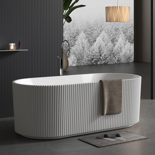 59"Acrylic Freestanding Soaking Bathtub, Deep Ergonomic Design with Lumbar Support, Integrated Overflow Drain, Non-Slip Base,cUPC Certified Modern Bathroom Tub, Easy Installation for Bathroom