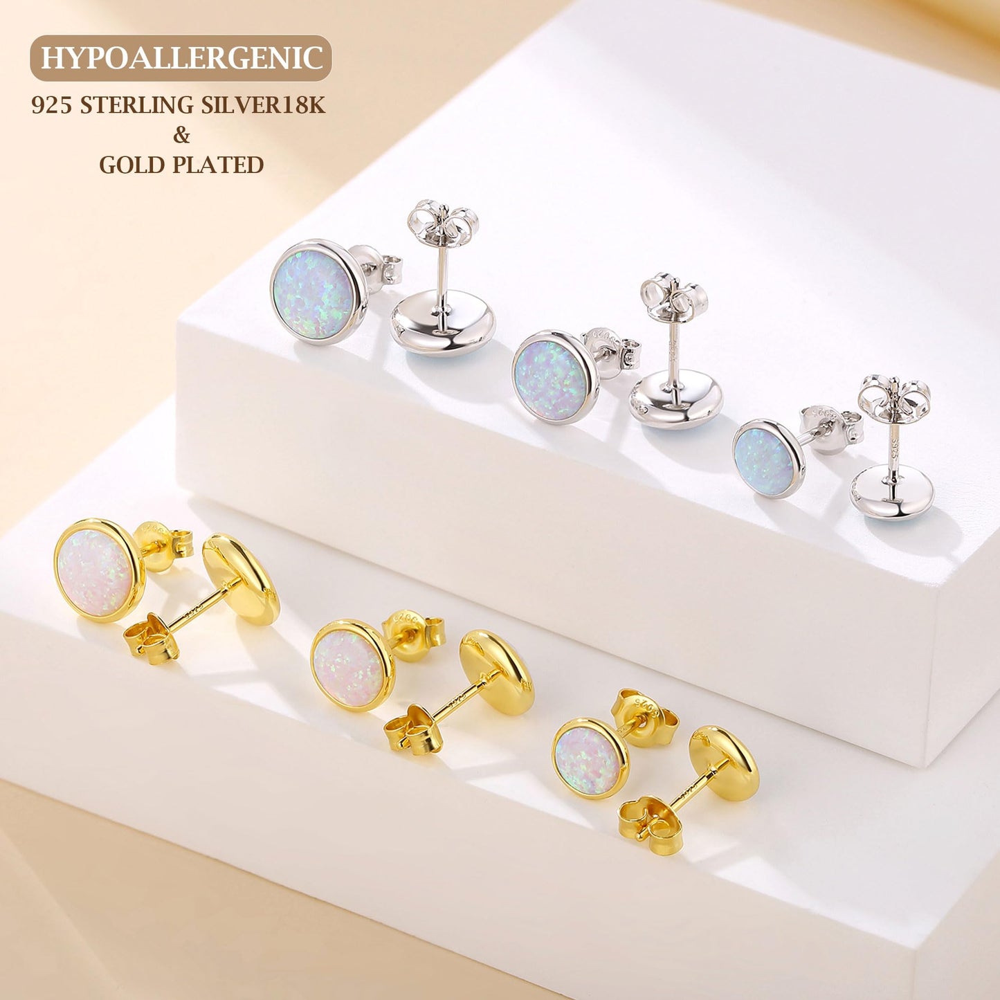JiayangJY Silver White Fire Opal Stud Earrings for Women 18K Yellow Gold Plated Sterling Silver Round Shape 8mm Opal Earrings with Push Back