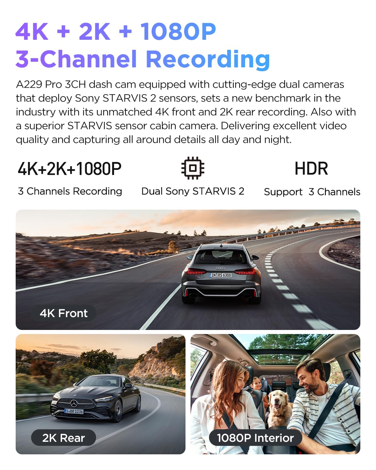 VIOFO A229 Pro 3 Channel 4K HDR Dash Cam, Dual STARVIS 2 Sensors IMX678 & IMX675, 4K+2K+1080P Front Inside and Rear Triple Car Camera, 5GHz WiFi GPS, Voice Control, 24H Parking Mode