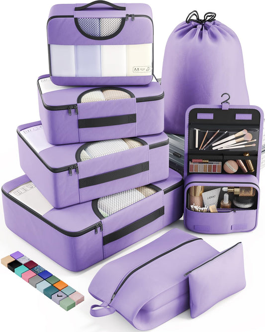 Veken 8 Set Packing Cubes for Travel, Beach Vacation Essentials Accessories for Cruise Ship, Suitcase Organizer Bags for Luggage with Hanging Toiletry & Shoe Bag, Birthday Gifts for Women Mom Her
