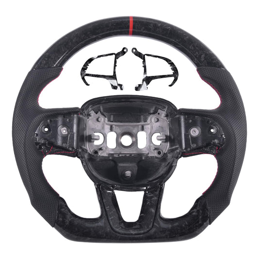 EASSAFEX Forged Carbon Fiber Steering Wheel for Dodge Charger/Challenger/Durango/Jeep Grand Cherokee/SXT/GT/RT/SRT/Heallcat 2015-2020, D-shaped Flat-bottom Perforated Leather Grip with Trim