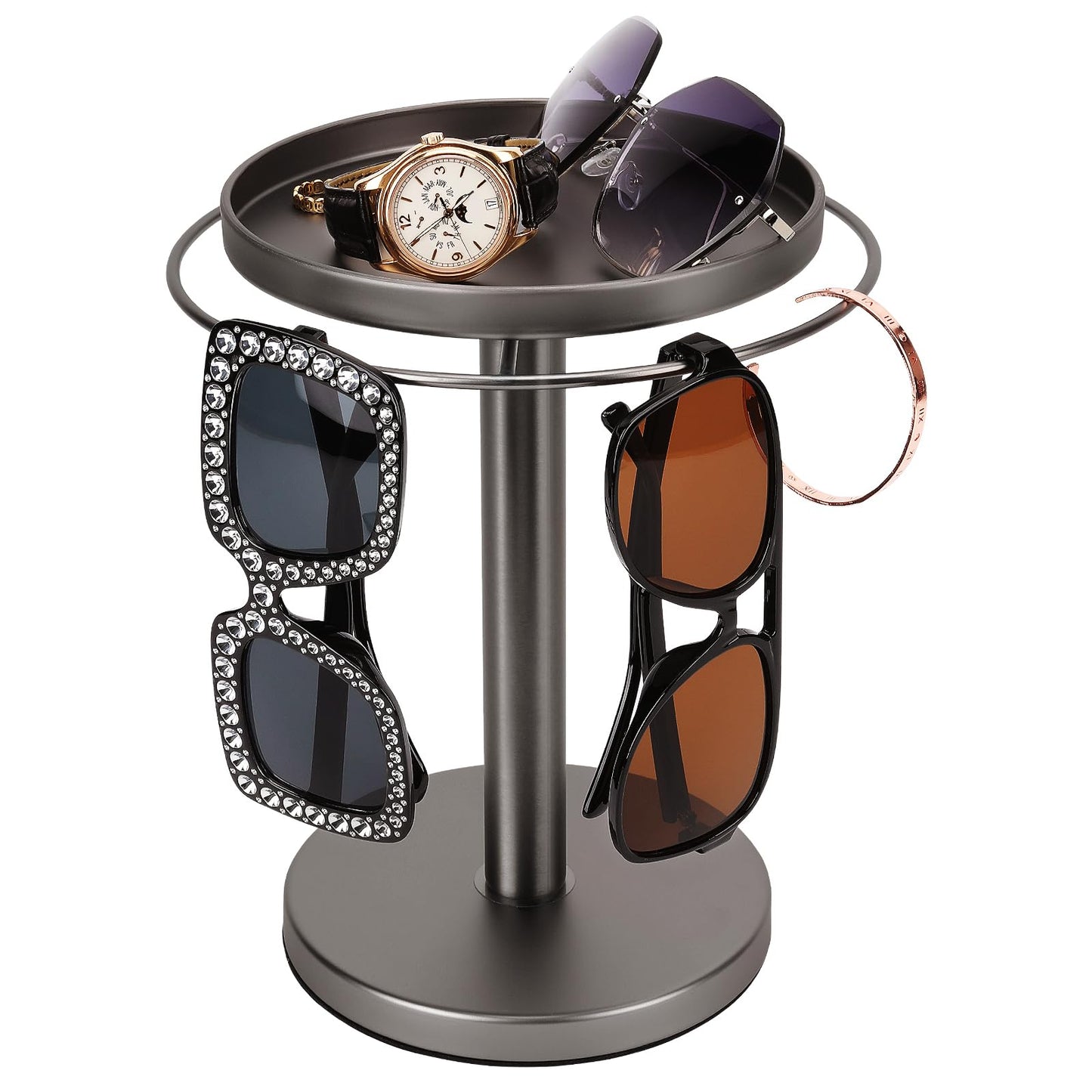 360° Rotating Sunglass Organizer Storage, Stainless Steel Glasses Holder Stand, Glasses Organizer with Tray for Desk, Dresser, Tabletop, Nightstand and Home Decor (Gold)
