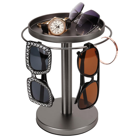 360° Rotating Sunglass Organizer Storage, Stainless Steel Glasses Holder Stand, Glasses Organizer with Tray for Desk, Dresser, Tabletop, Nightstand and Home Decor (Gold)