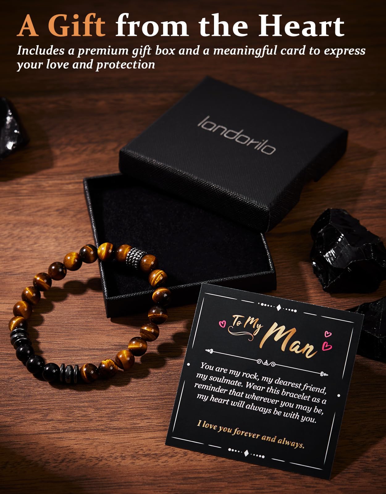Landorilo Gifts for Men, 8mm Natural Stone Beaded Bracelets, Tiger's Eye & Black Tourmaline Healing Bracelet, Handmade Mens Jewelry Gift for Him, Husband, Son, Father, Friend(To My Son-8.3in)