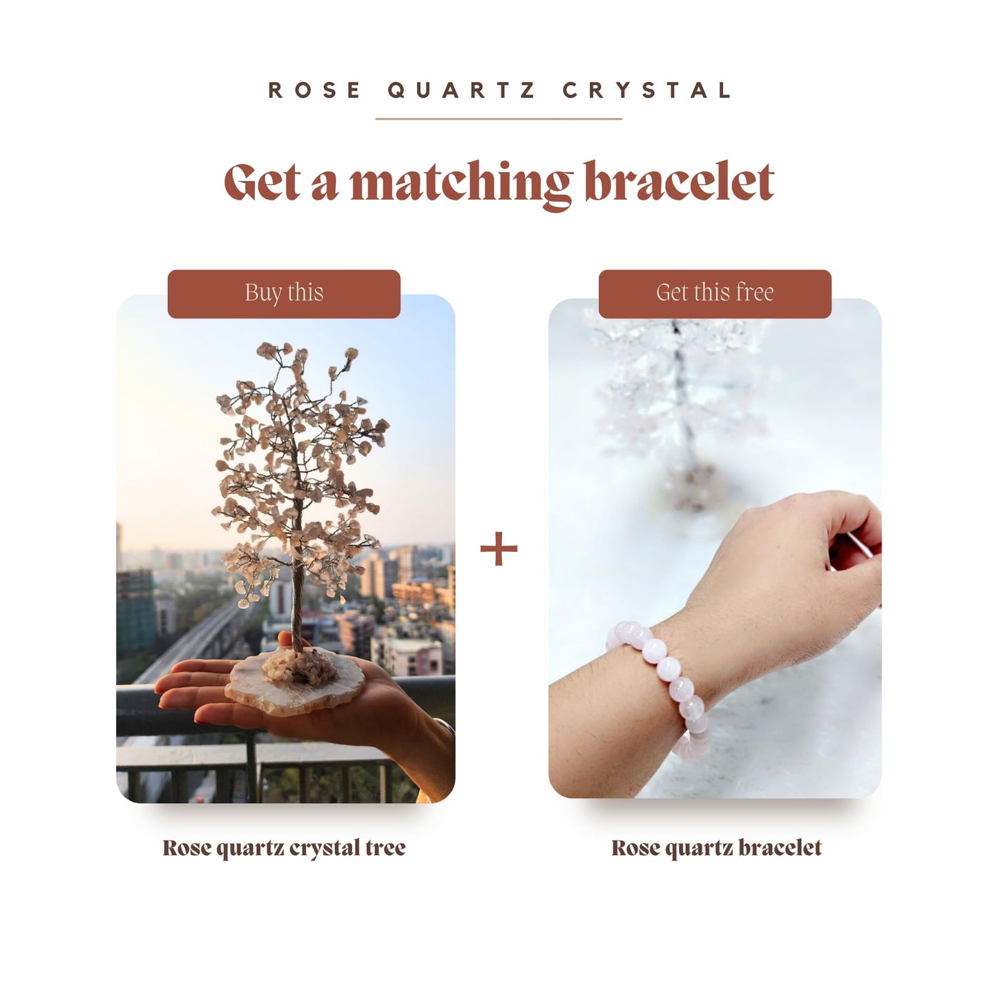 ZAARIYA Rose Quartz Crystal Tree with Bracelet for Home Decor, Healing, Spiritual Gifting, Room Decor, New Year & Good Luck Gifting | Made from Genuine Crystal Stones (9 x 3 Inches)