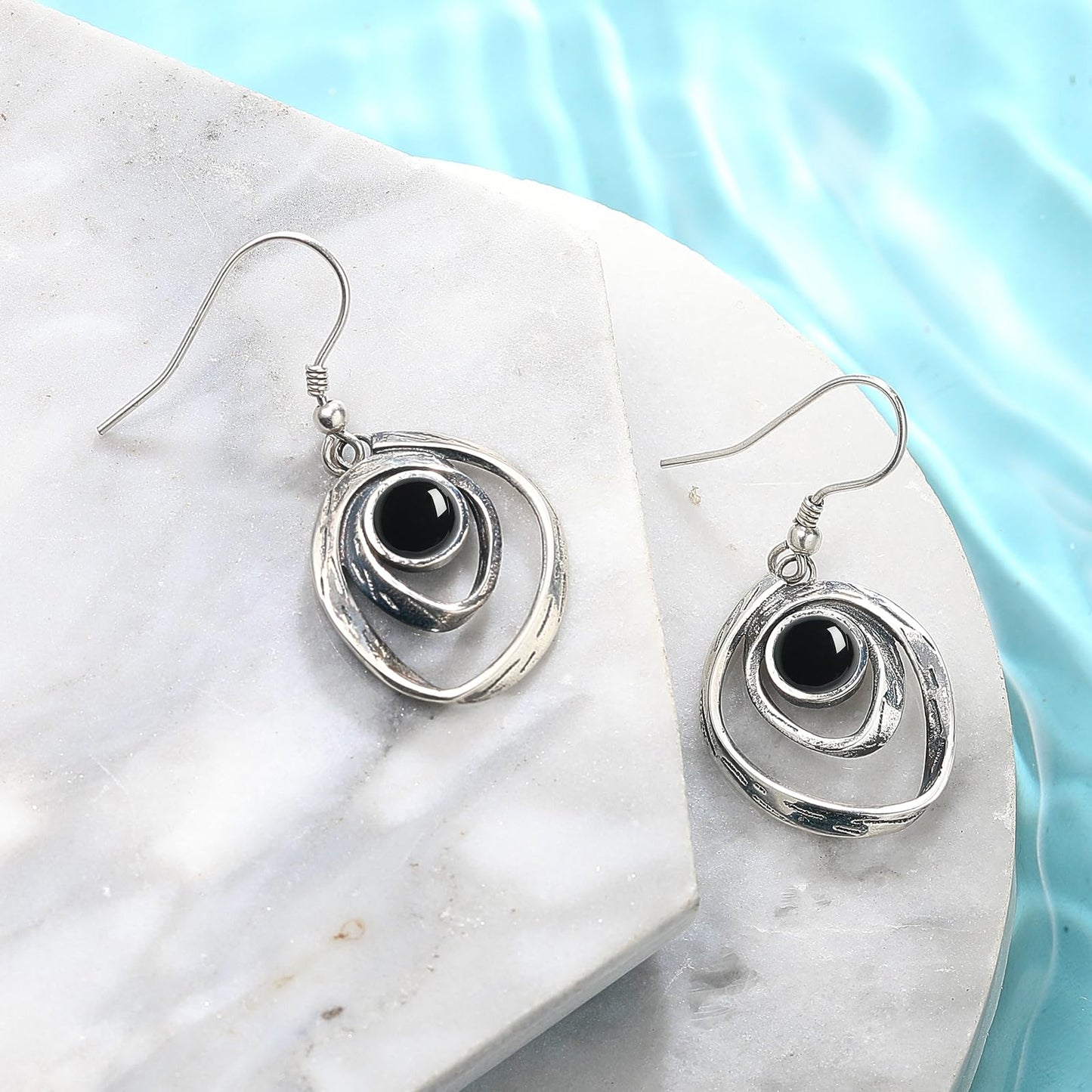Phyonio Black Onyx Earrings for Women 925 Sterling Silver Black Onyx Dangle Earrings Vintage Spiral Ear Hook Earrings, Y0455E-1FBACG