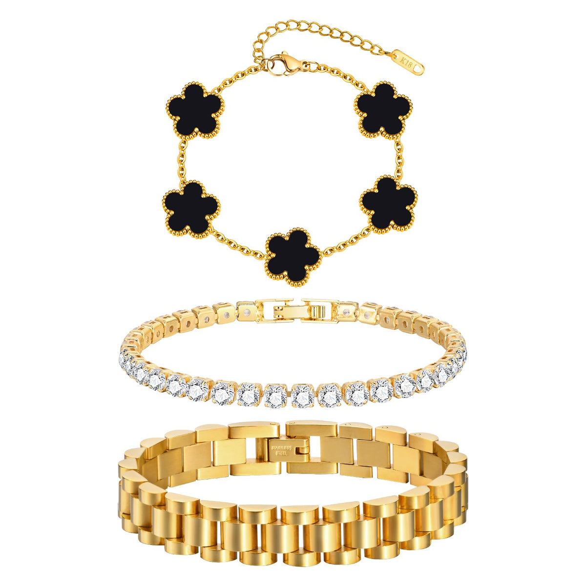 Stackable Gold Floral Bracelets Set - 3pcs 18K Gold Plated Bracelet Non-tarnish,Stainless Steel Link Chain Friendship Bracelet,Watch Band Trendy Jewelry,Christmas Valentines Birthday Gifts for Women