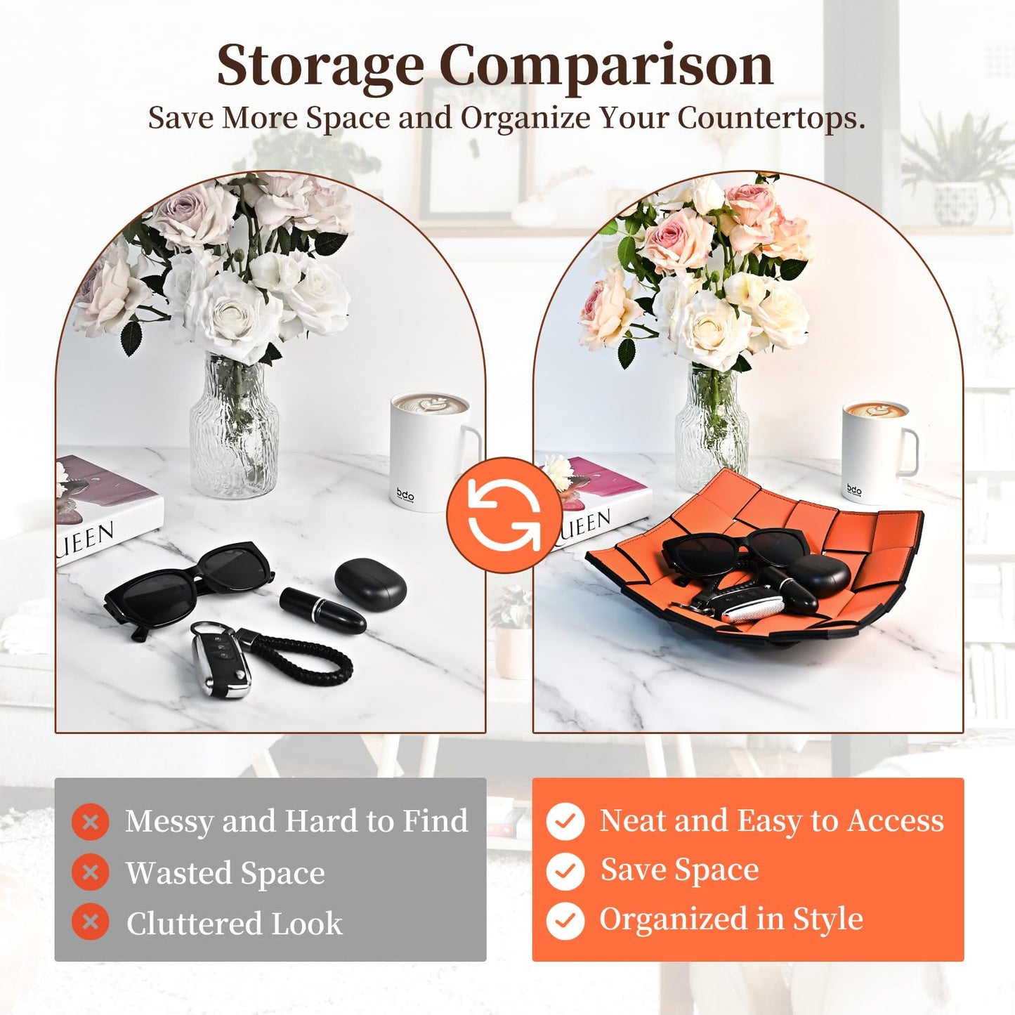 MSJGA Valet Tray PU Leather Key Holder Bowl for Women and Men Entryway Table Nightstand Desk Tray for Wallet, Keys Men's Gift - Orange & Black, 9.8" L x 9.8" W x 2" H