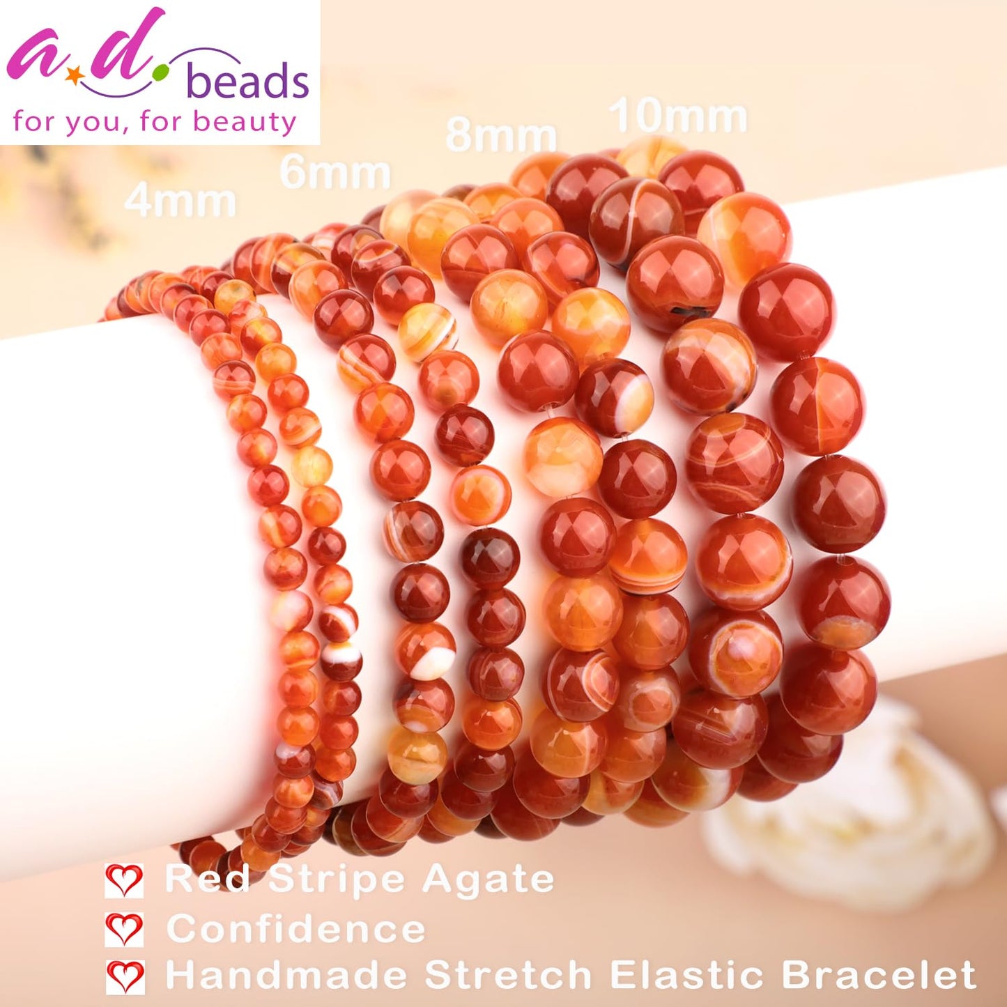 AD Beads 6mm Handmade Red Stripe Agate Elastic Bracelet – Natural Gemstone for Confidence – Meditation, Yoga, Healing and Energy Gift for Men Women